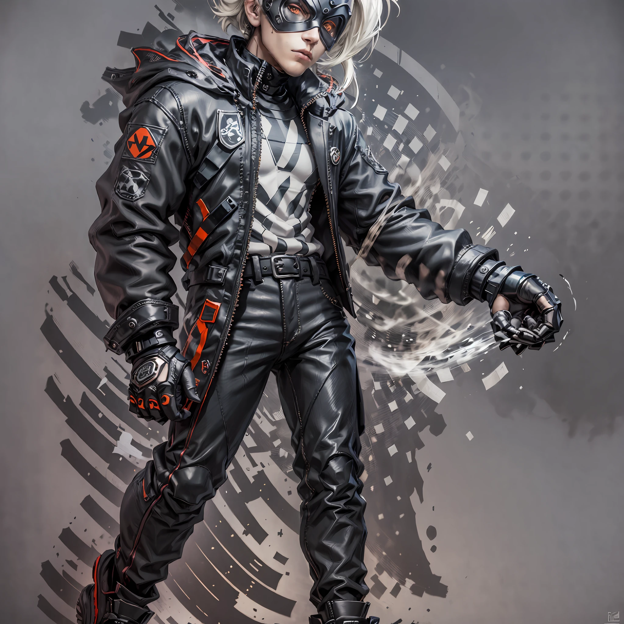 Create a male character wearing a black jacket and a white latex mask from the classic video game character Bomberman. He holds small discs between his fingers. The character conveys an air of mystery and power, with a confident and determined posture. He wears dark pants and pants, boots or sneakers that match his jacket. --auto --s2