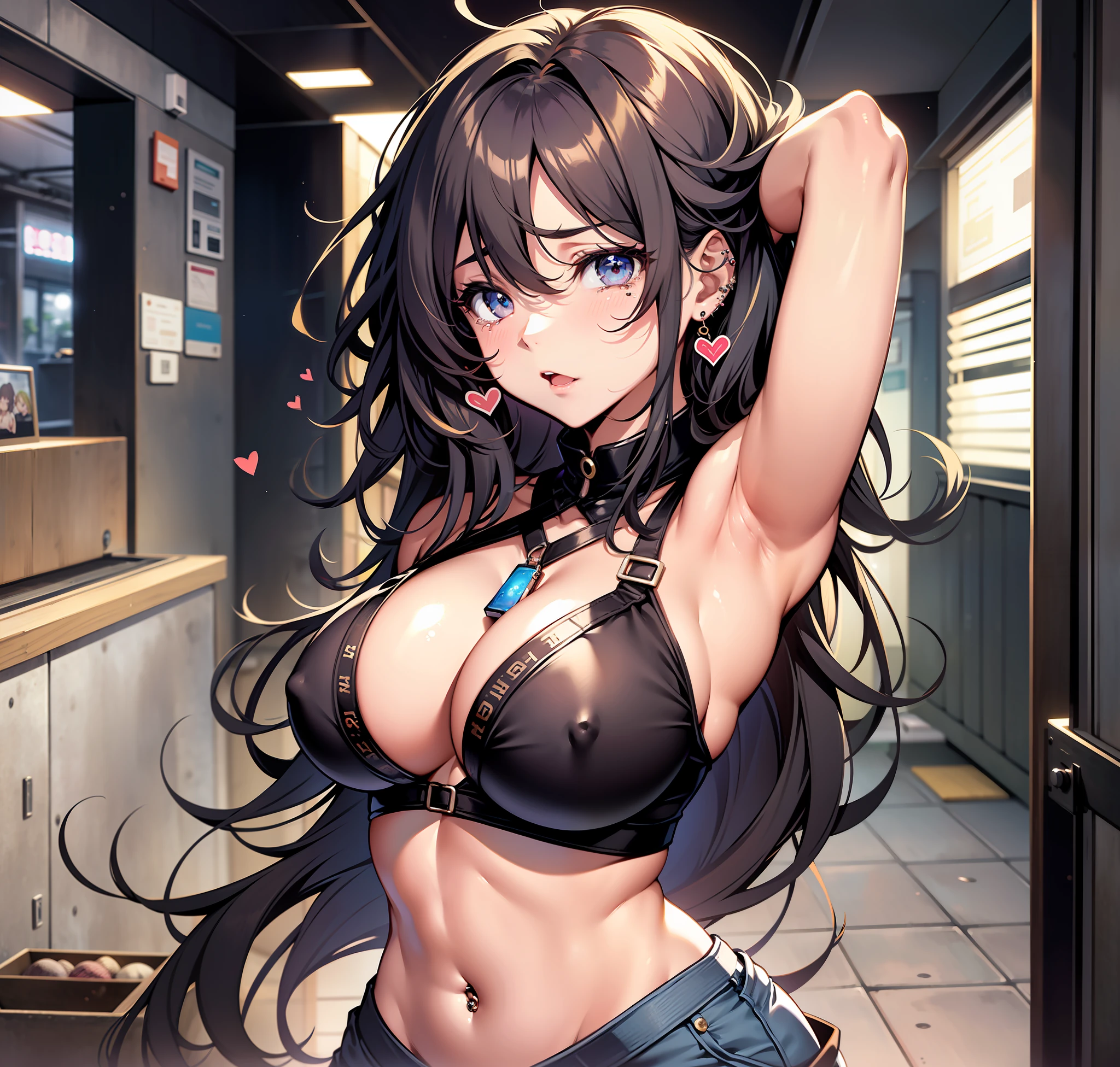 High Image Quality, Indoors, Skinny Jeans, Sexy Underarms, Seduction, Ahoge, Cute, Sister, Girl, High School Student, Lower Tits, Revealing Costume, Heart mark in the eyes, Breast is modest, Crying mole, Time of day - Night, moonlight, En look, Sexy proportions, Navel piercing,