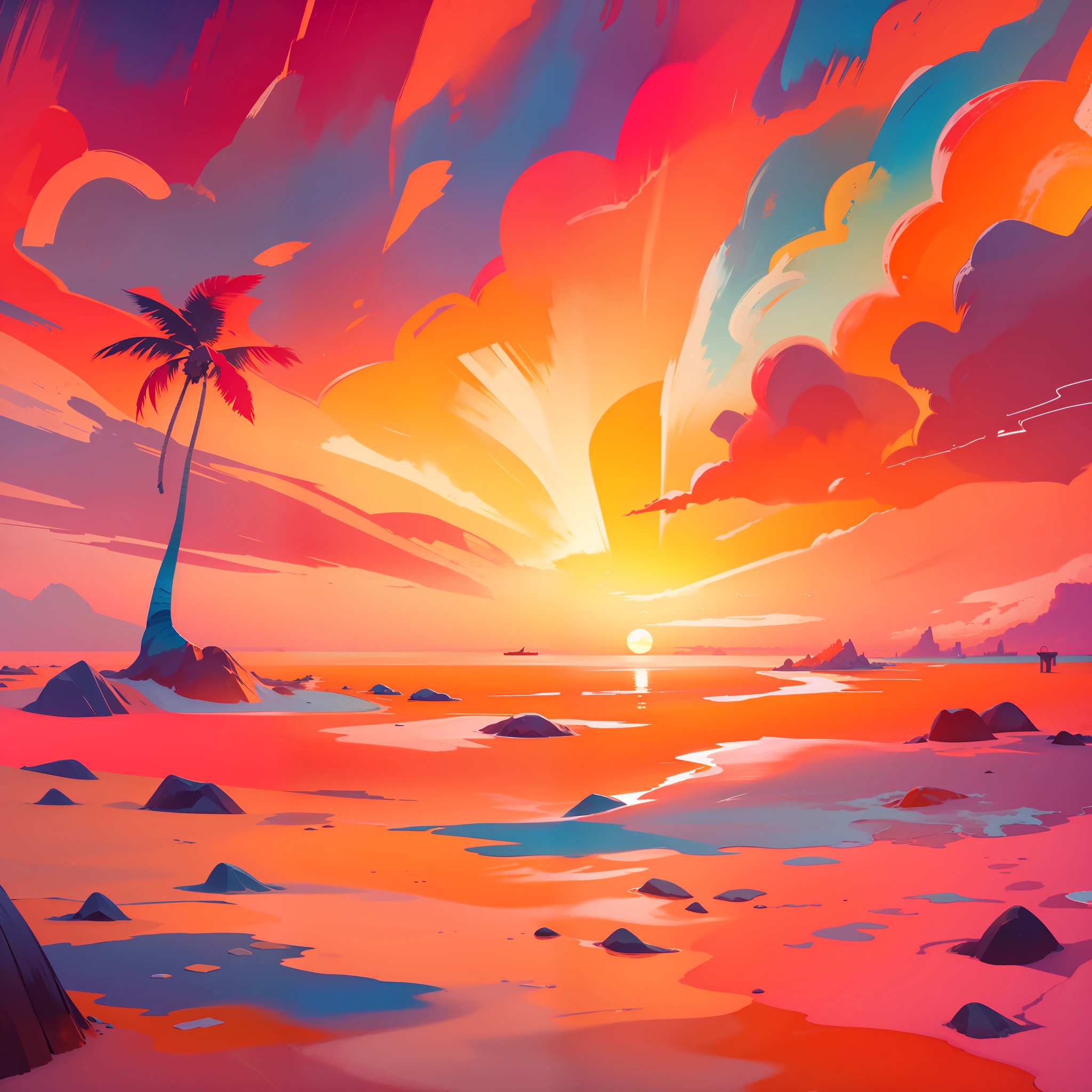 An absolutely mesmerizing sunset on the beach, with a mix of orange, pink, and yellow in the sky. The water is crystal clear, gently kisses the coast, and the white sand is endless. The scene is dynamic and breathtaking, with seagulls soaring high in the sky and palm trees swaying softly. Immerse yourself in the calm atmosphere and let the serenity surround you.