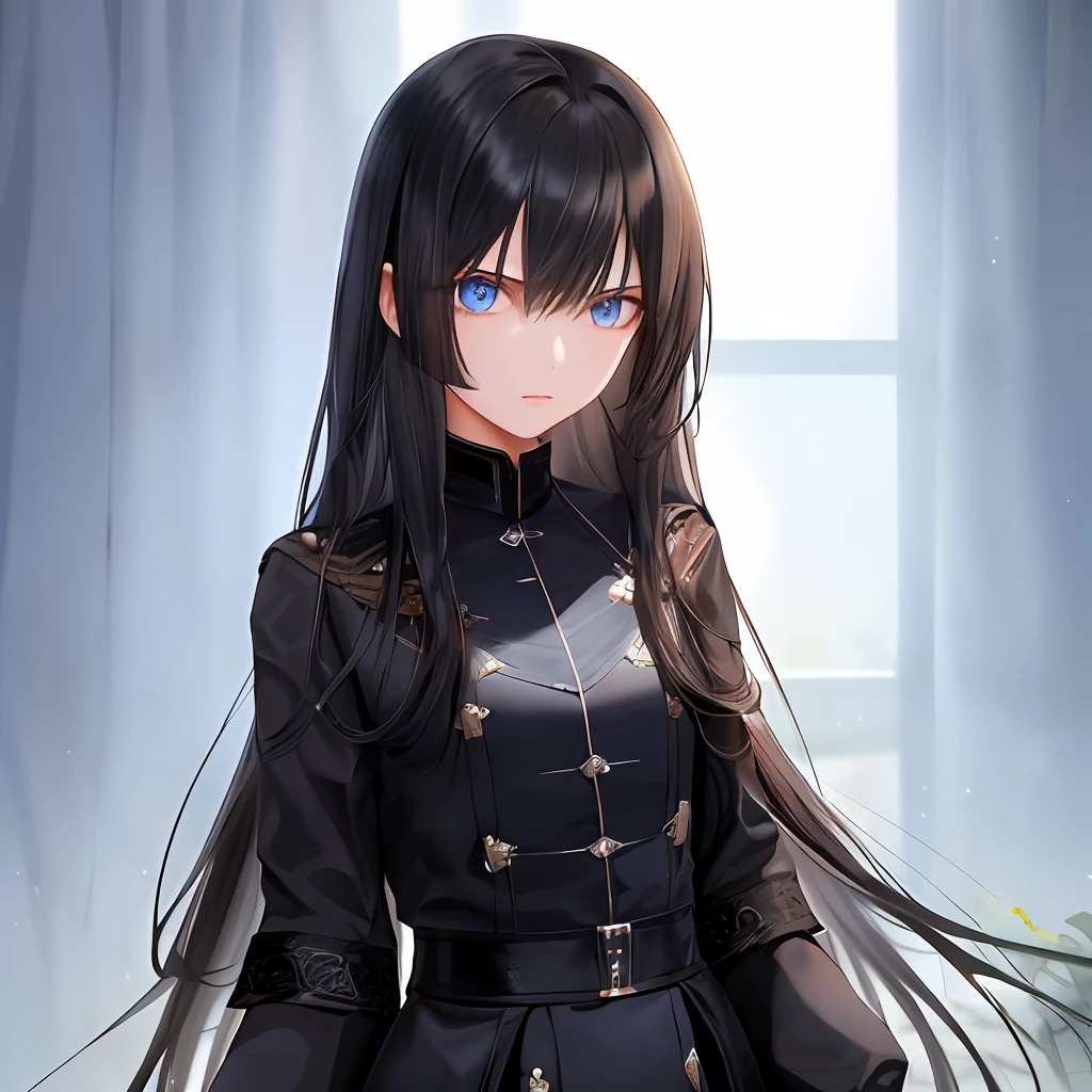 (1boy), long black hair, blue eyes, medium bangs, bangs framing face, hairs till waist,14 years old, cute, slim figure, ((lively, beautiful eyes, beautiful lighting, extremely detailed, detailed surroundings)), wearing casual clothes.
