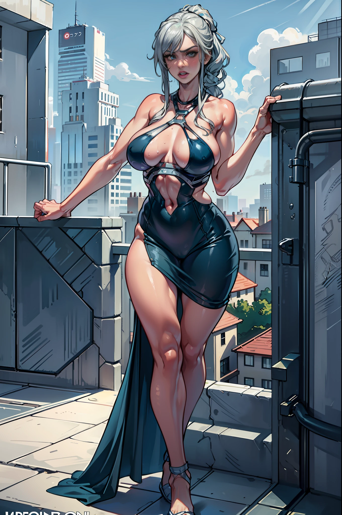 4k highly detailed realistic ((full body including legs)) photo of beautiful sweaty 18-year-old Anglo-Saxon girl with ((sharp jaw)) and large perky breasts, in wet clothes standing by the bedroom window in a tall building with white walls in a wet sports bra with a deep neckline, silver hair, blue colored eyes