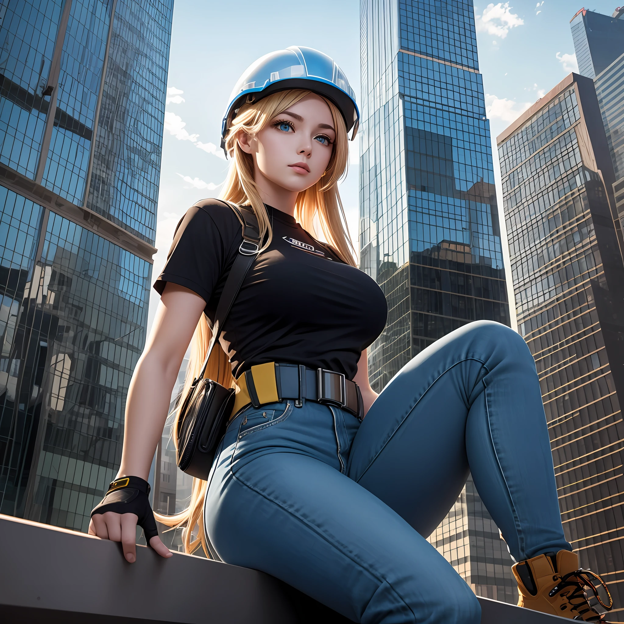 EXT. BETWEEN SEVERAL BUILDINGS WITH GLASS FAÇADE - END OF DAY

We see a beautiful young blonde girl with green eyes and long hair, wearing a construction worker's uniform. Her ample breasts stand out under the black T-shirt with the Brazilian flag on the left sleeve and her chunky orange and blue pants are ideal for protecting her during work.

The girl is walking with skill and confidence on a metal beam 50 meters high between several large modern buildings with glass facades. She wears a White Safety Helmet, which protects her head from possible falling objects or impacts. Her blue Paratrooper-type Seat Belt keeps her steady and secure as she works from the heights. Safety Shoe Type Boots ensure that your feet are protected and comfortable during your workday.

As she moves with agility and precision, the skyscrapers around her reflect the light of the end of the day, creating a stunning and imposing look. We've noticed how crucial safety is for any construction worker, especially in situations for working at height like this. It is evident that the girl is well equipped and prepared to work safely in any situation, even in the midst of such an impressive scenario. anime image style --auto --s2