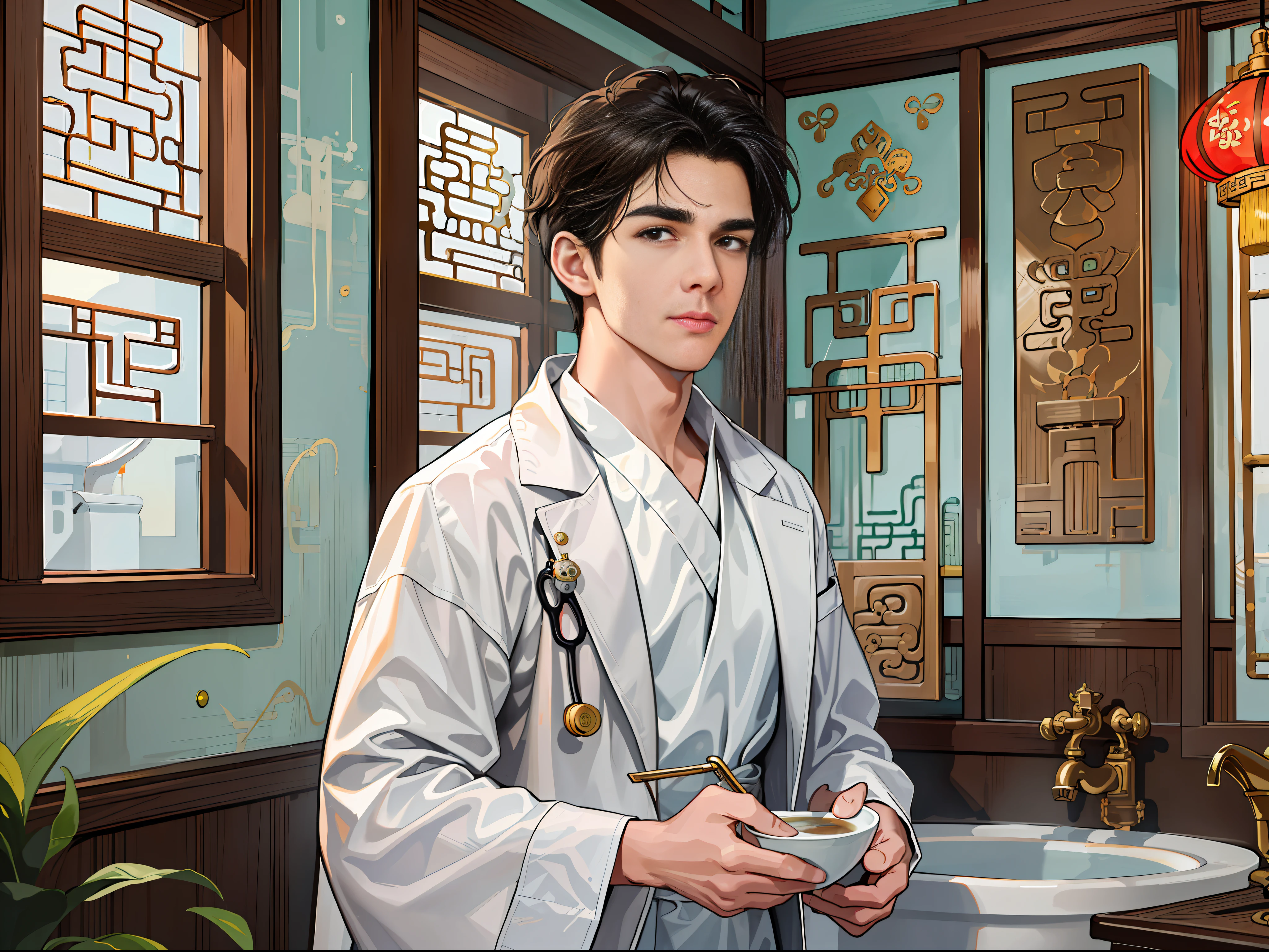 (ridiculous, high resolution, super detailed, realistic,), 1 male, soloist, 20 years old, tangled expression, carrying a basin of hot water, large basin, tall, extremely short hair, black hair, brown eyes, thick eyebrows, hospital room, doctor, white robe, white coat, room, ancient Chinese decoration style room, ancient Chinese style furniture