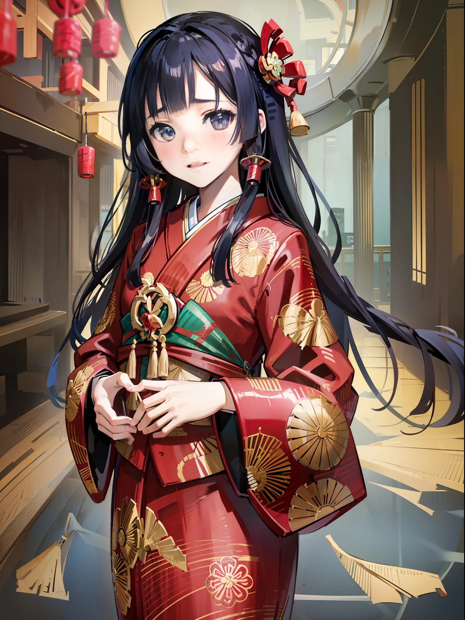 japanese child girl, 14yo,
(masterpiece, sidelighting, finely detailed beautiful eyes: 1.2), portrait, realistic, 3d face, lustrous skin,
japanese red kimono, black long hair, blunt bangs,
Japanese house, standing, cowboy shot,
portrait,