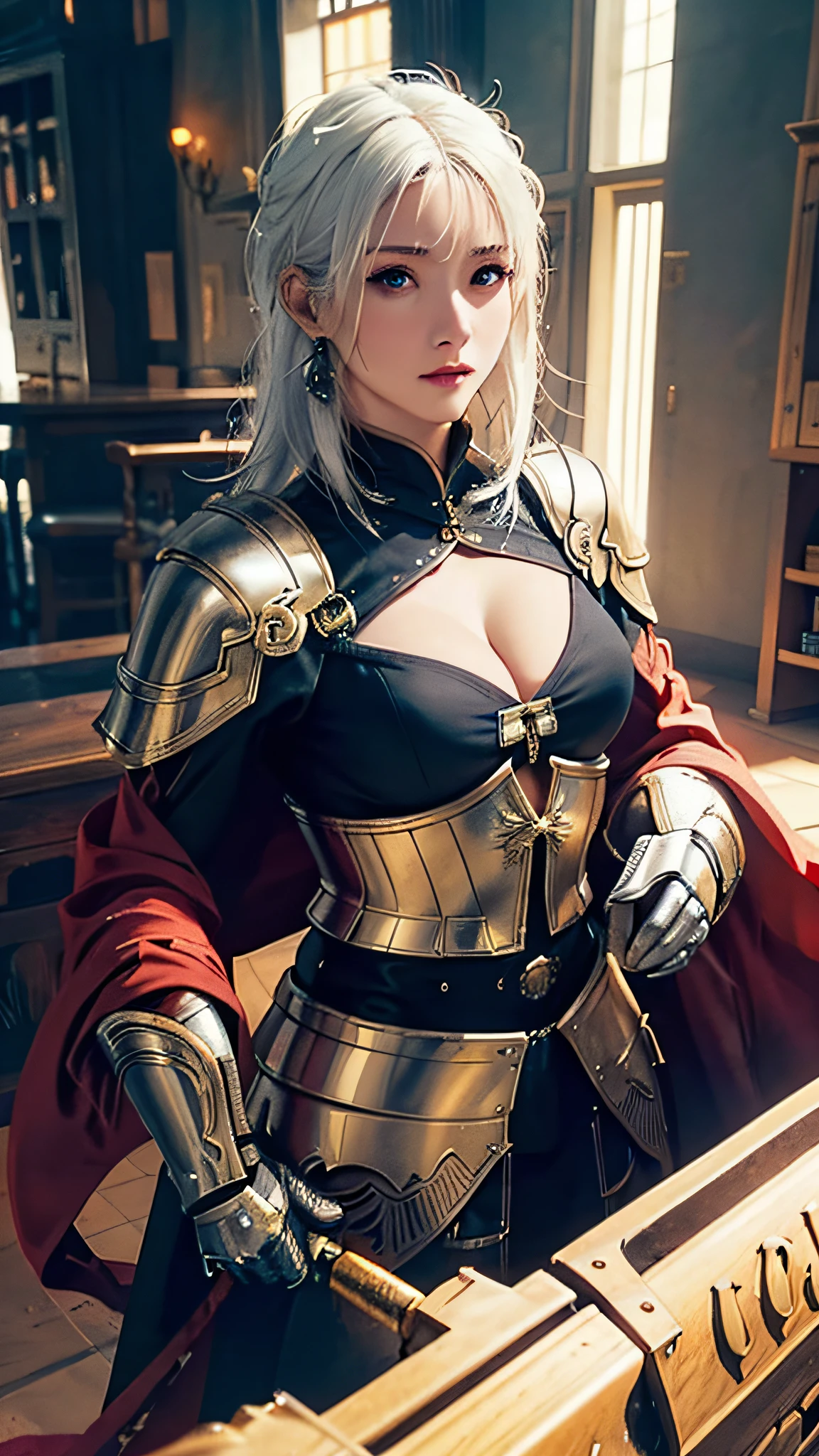 Official Art, Unity 8k wallpaper, ultra detail, masterpiece, best quality, single woman, (very detailed),ultra-detailed complex 3d rendering of face, (big breasts: 8.8), (highly detailed skin: 1.2), (exposure: 1.1), beautiful white woman with white skin with full soft breasts with big ass, dynamic angle, mystical expression, fire glow effect, fantasy background,big cleavage, chest hollow, rim lighting, side lights, cinematic lights, ultra high resolution, 8k UHD, film grain,best shadow, delicate, raw, light particles, detailed skin texture, detailed jewelry armor texture, detailed face, intricate detail, ultra detailed, bright, strong, gold armor, cleavage, have glowing weapons, have a shield, pole dron, (((white hair)), glowing black eyes, long red cloak, fantasy, (realistic),