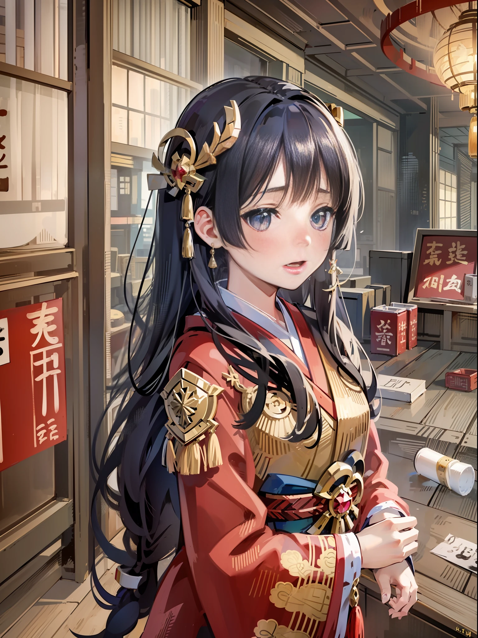 japanese girl, 14yo,asterpiece, sidelighting, finely detailed beautiful eyes: 1.2), portrait, realistic, 3d face, lustrous skin,
japanese red kimono, black long hair, blunt bangs,
Japanese house, standing, cowboy shot,
portrait,