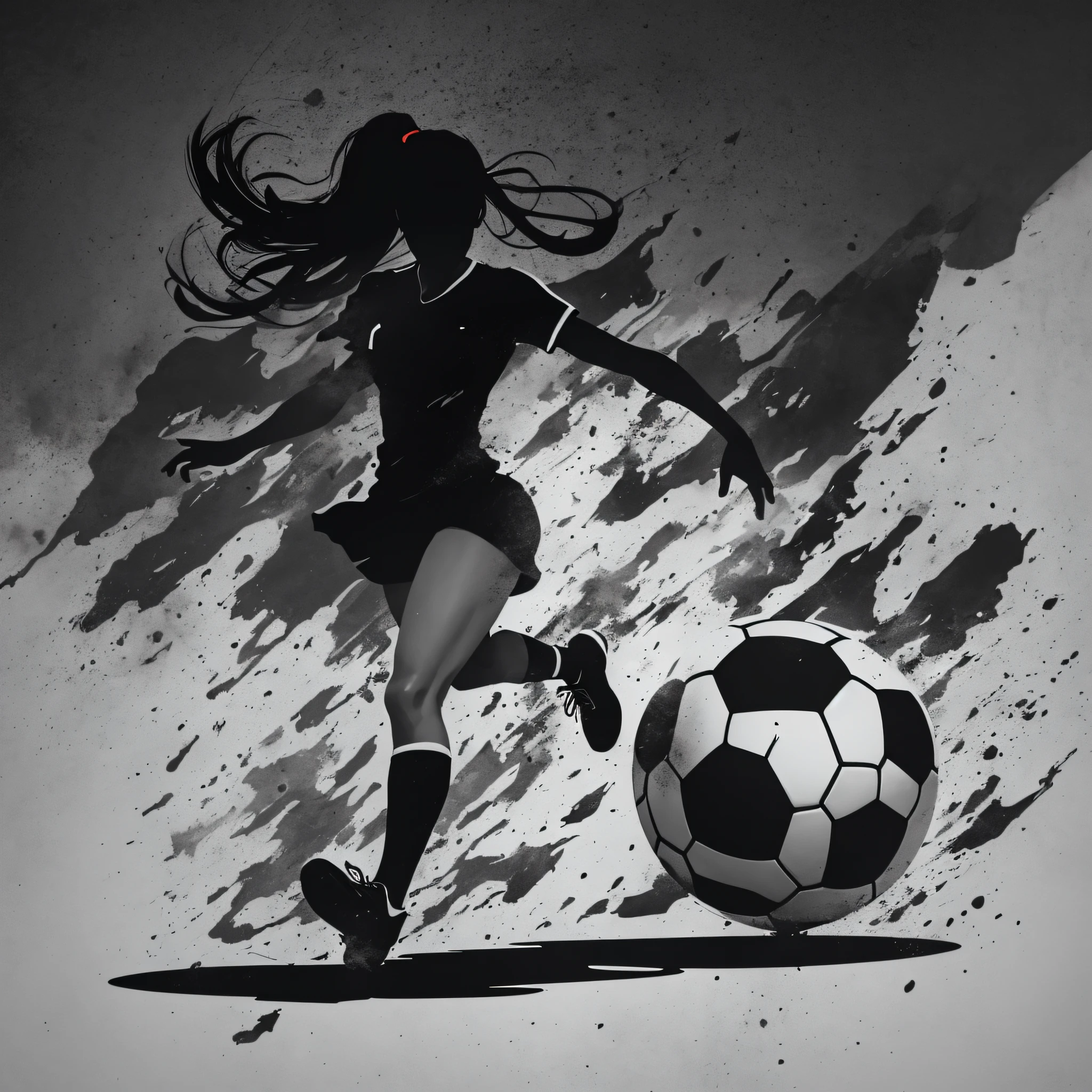 arafed silhouette of a woman walking on a soccer ball, soccer, soccer player, soccer ball against her foot, inspired by Arnold Bronckhorst, complete darkness background, pitch black background, single silhouette figure, silhoutte, background ( dark _ smokiness ), football player, pitchblack skin, detailed silhouette, black backround. inkscape, godesses
