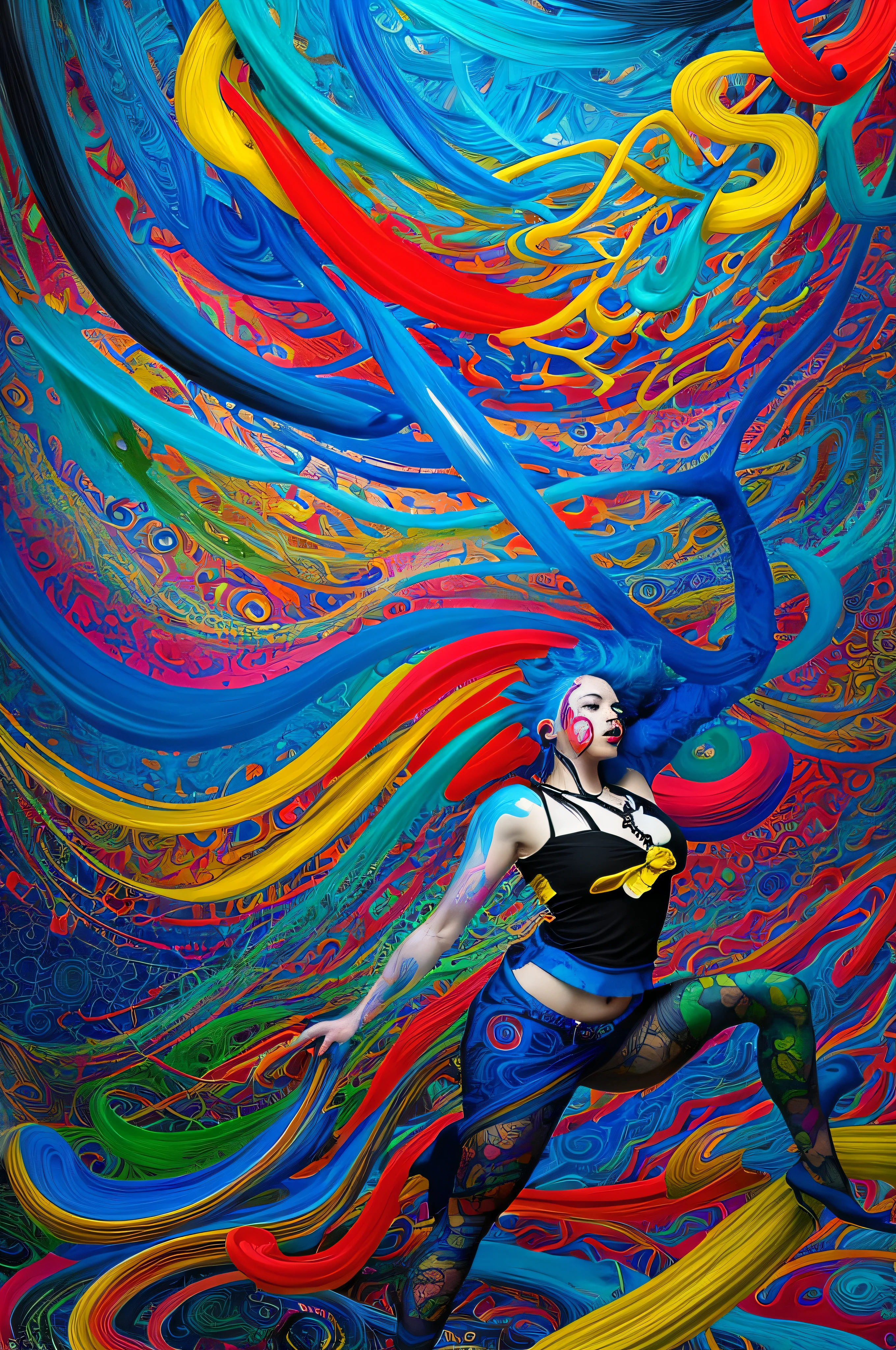 a woman with blue hair wearing a colorful outfit and a colorful background with paint splatters on it, by Hirohiko Araki,official art, unity 8k wallpaper, ultra detailed, beautiful and aesthetic, masterpiece, best quality, (zentangle, mandala, tangle, entangle), 1girl, extremely detailed, dynamic angle, cowboyshot, the most beautiful form of chaos, elegant, a brutalist designed, vivid colours, romanticism, by james jean, roby dwi antono, ross tran, francis bacon, michal mraz, adrian ghenie, petra cortright, gerhard richter, takato yamamoto, ashley wood, atmospheric, ecstasy of musical notes, streaming musical notes visible