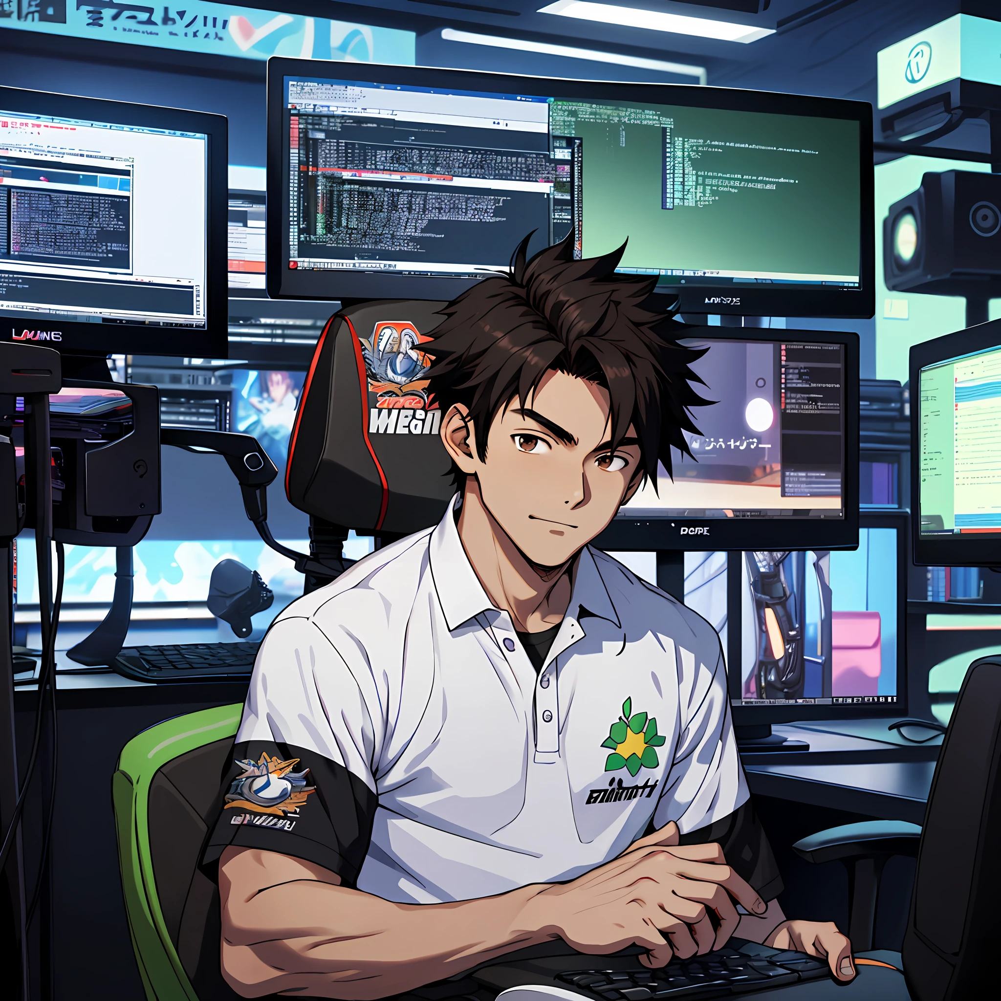 Best quality: 1.0), (Super High Resolution: 1.0), Anime boy, short black hair, brown eyes, sitting in front of the computer doing programming, background in the esports room,