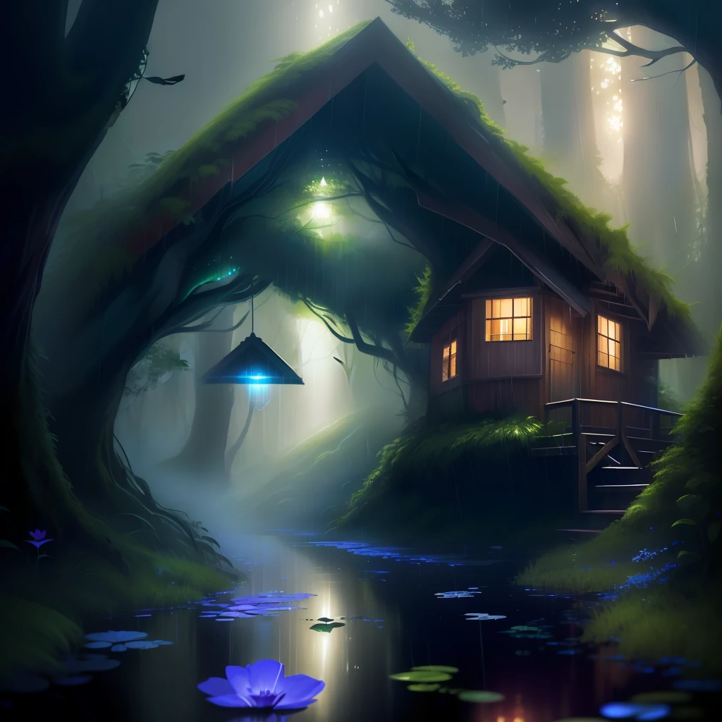 Forest night raining