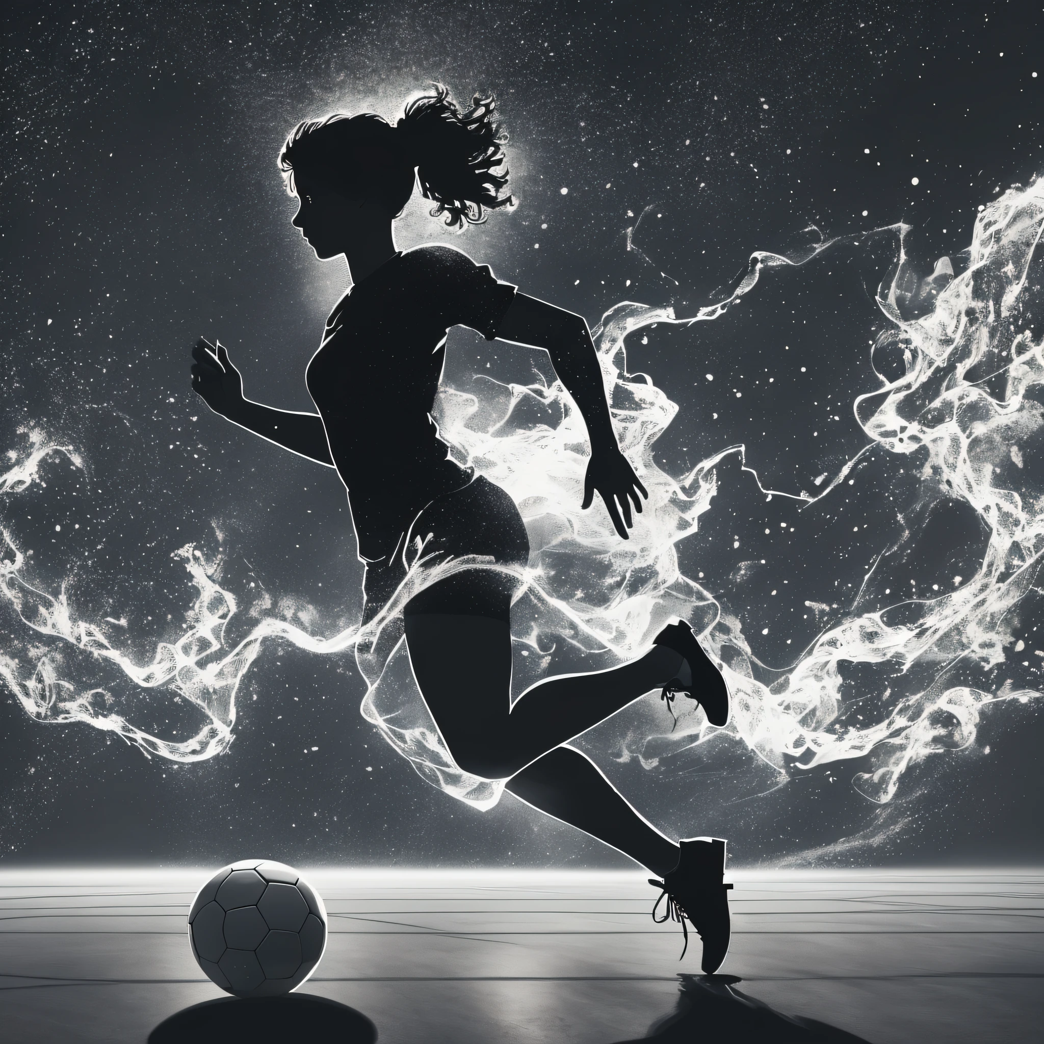 arafed silhouette of a woman walking on a soccer ball, soccer, soccer player, soccer ball against her foot, inspired by Arnold Bronckhorst, complete darkness background, pitch black background, single silhouette figure, silhoutte, background ( dark _ smokiness ), football player, pitchblack skin, detailed silhouette, black backround. inkscape, godesses