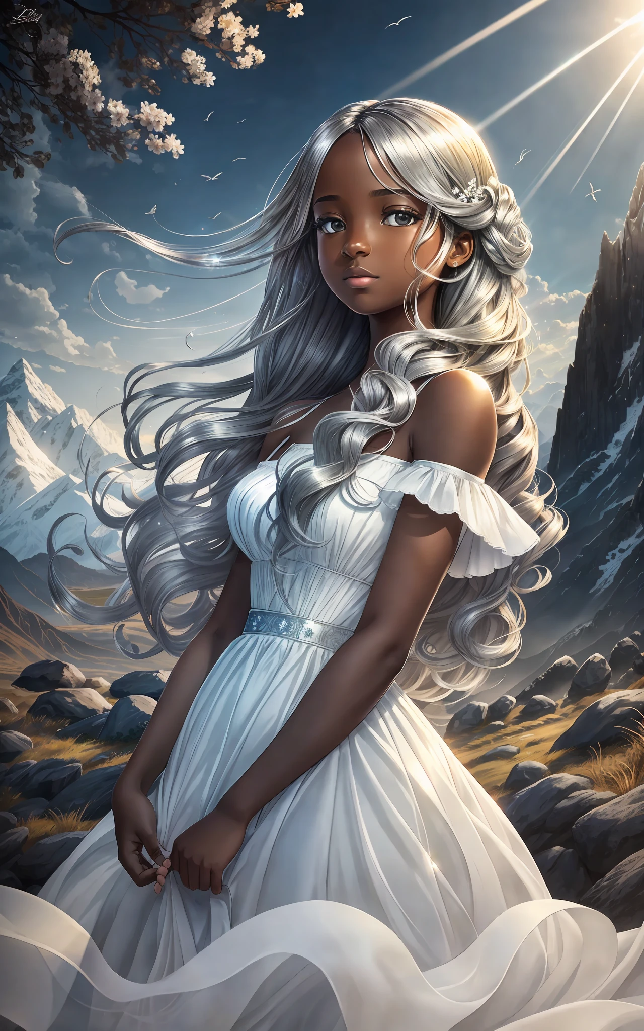 award winning 64k concept art of (black 1girl:1.2) in white majestic open dress standing proudly in the mountains, posing, epic, god rays, centered, (masterpiece:1.2), (best quality:1.2), Amazing, highly detailed, beautiful, finely detailed, warm soft color grading, Depth of field, extremely detailed 64k, fine art, stunning, iridescent, shiny, (light reflections:1.2), (crisp:1.5), silver curls, wind, vibrant, sunlit, (edge detection:1.2), absurdres, by Katie Daisy, impressive, 120mm