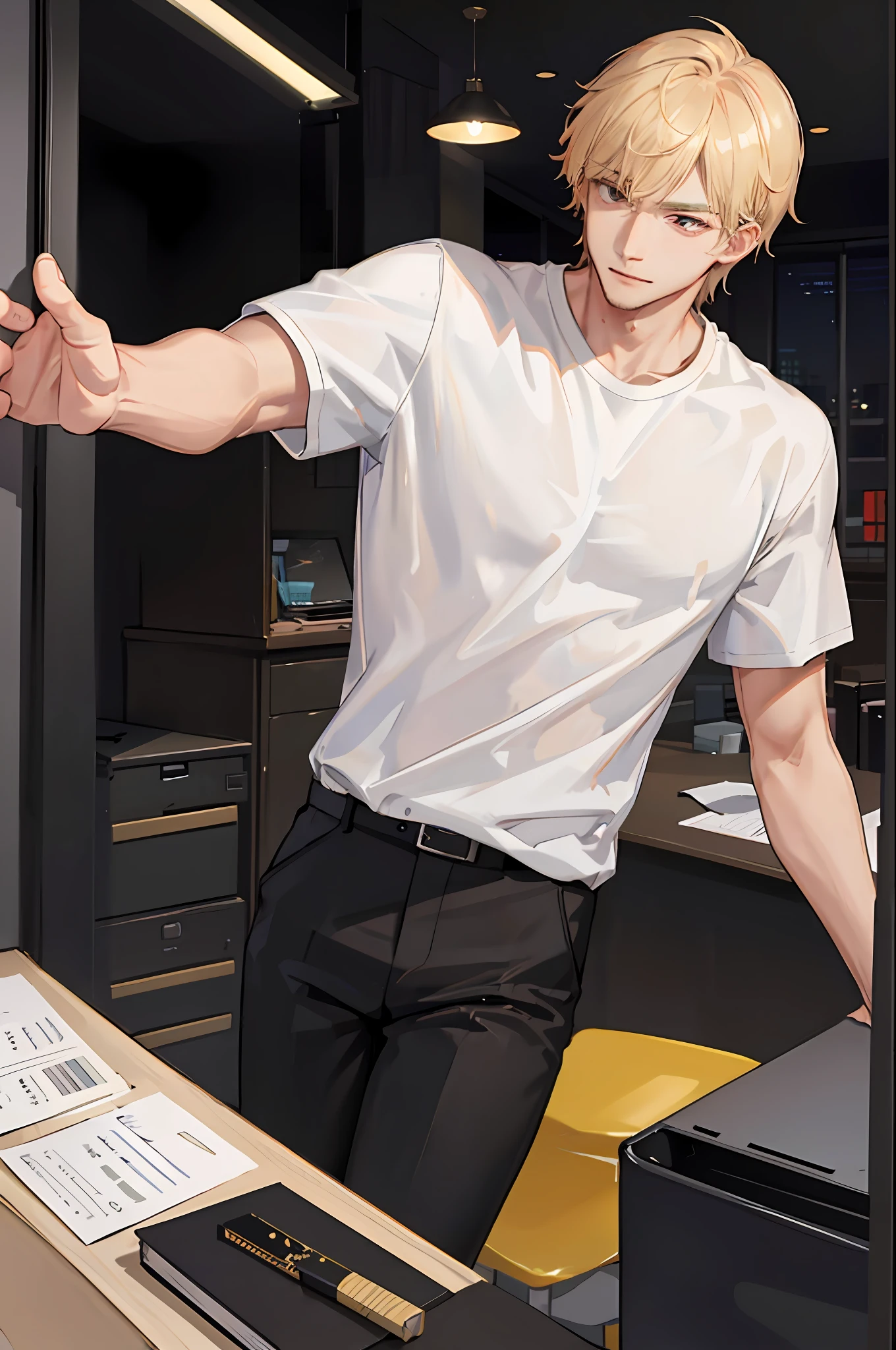 1boy, [detailed background (office, large office, workplace)], blond hair, blond hair, short blond hair, korean hairstyle, lean and muscular male, alpha male, masculine male, ((man wears a white loose t-shirt, tucked in t-shirt, black trousers)), correct limbs, correct anatomy, handsome, Eye details, beautiful eyes, delicate eyes, dark red eyes, broad chest, broad shoulders, tiny waist, long legs, smirking