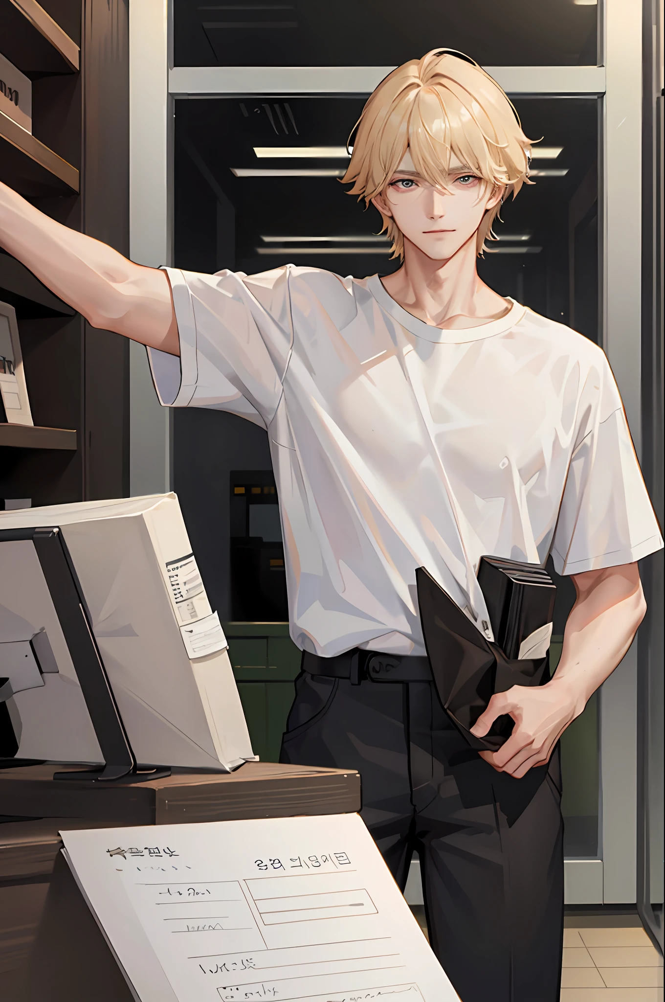 1boy, [detailed background (office, large office, workplace)], blond hair, blond hair, short blond hair, korean hairstyle, lean and muscular male, alpha male, masculine male, ((man wears a white loose t-shirt, tucked in t-shirt, black trousers)), correct limbs, correct ???????, handsome, Eye details, beautiful eyes, delicate eyes, dark red eyes, broad ?????, broad shoulders, tiny waist, long legs, smirking