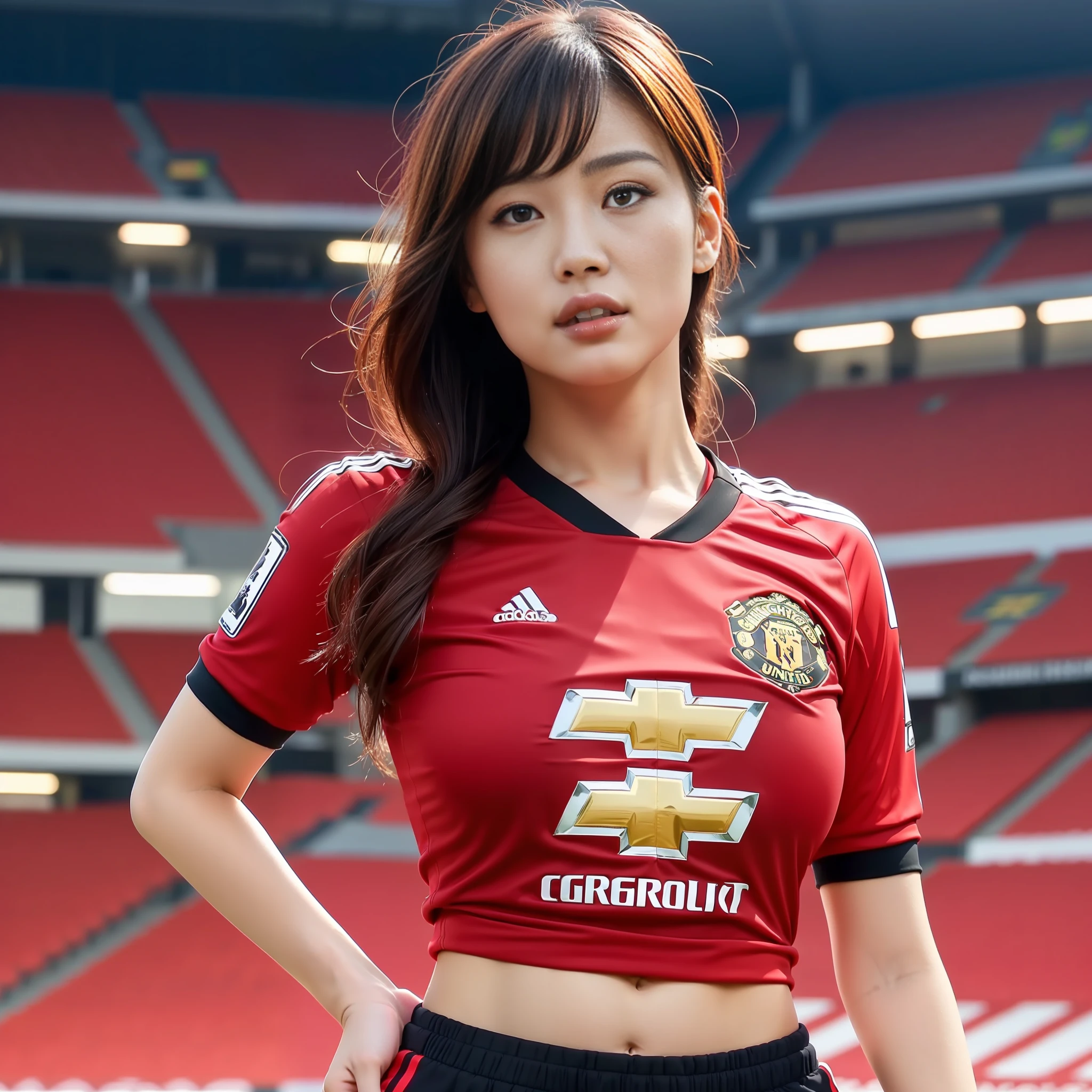 Beautyfull asian girl ever,wearing tight Manchester united home jersey ((2023 2024 season)),big boobs, random posing,empty stadium at background, highly detailed,high resolution, 1:girl