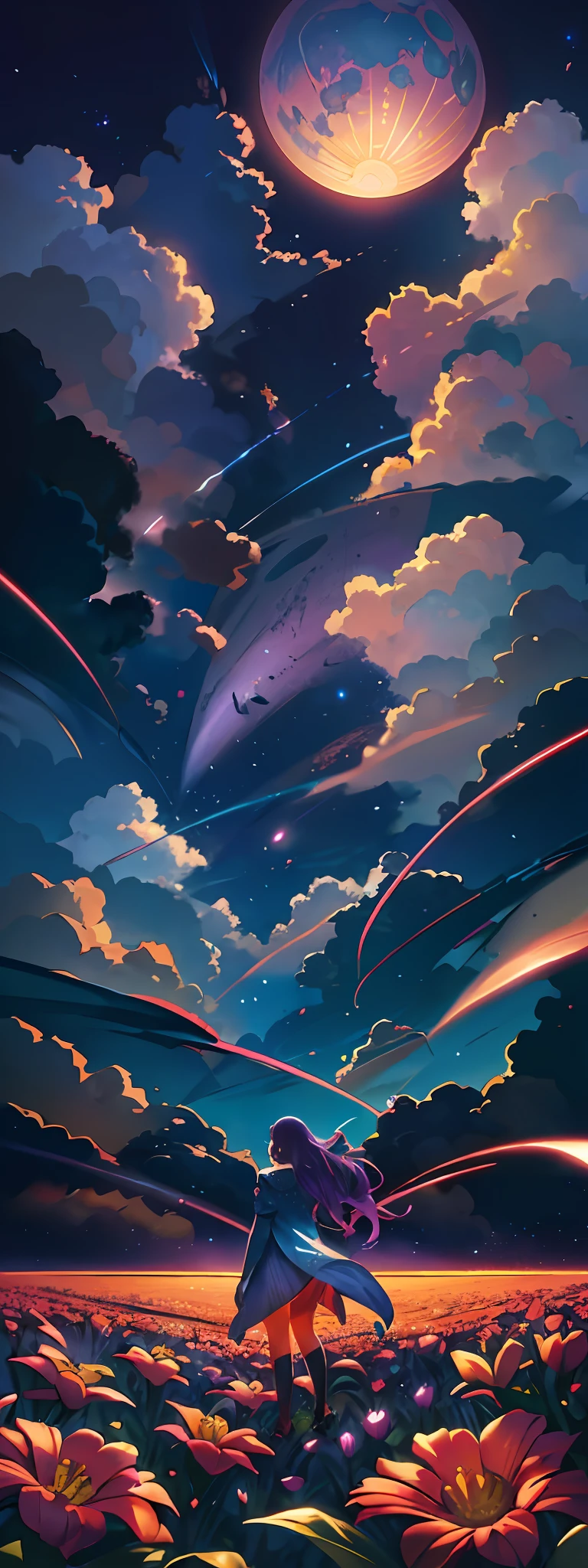expansive landscape photograph , (a view from below that shows sky above and open field below), a girl standing on flower field looking up, bright sunny day (clouds:1.2), distant mountain, tree BREAK
production art, lot of purple and orange, intricate details, volumetric lighting, realism BREAK
(masterpiece:1.2), detailed shadows, (best quality), 4k, ultra-detailed, (dynamic composition:1.4), highly detailed, colorful details,( iridescent colors:1.2), (glowing lighting, atmospheric lighting), dreamy, magical, (solo:1.2)