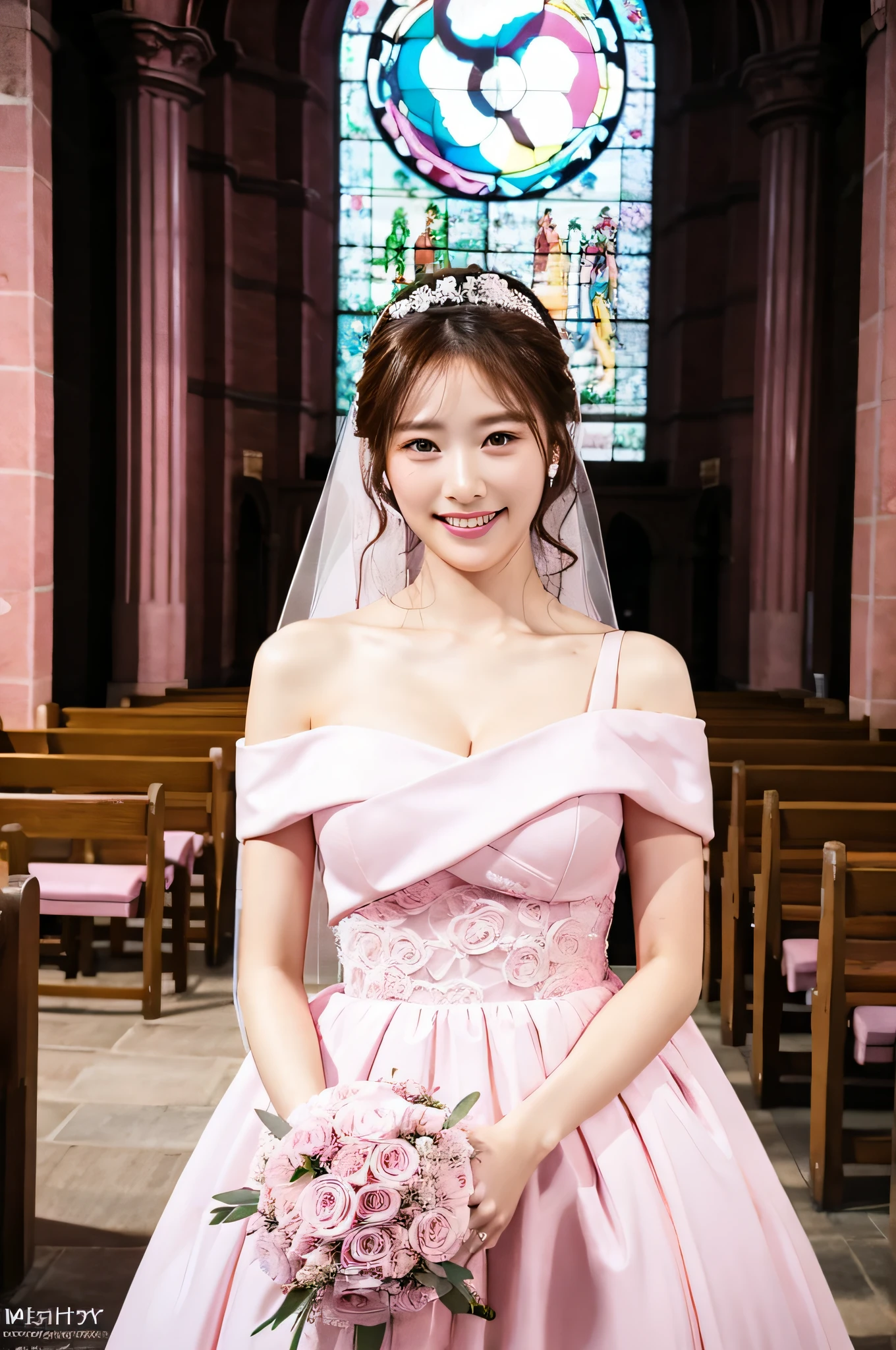 (best quality), masterpiece, (photo realistic:1.5), 8k quality, 1 beautiful girl, 18 years old, full body, (large breasts:1.4), dark brown hair, brown eyes, front, detailed face, beautiful eyes, looking at viewer, smile, BREAK, (wearing mighty sexy pink wedding dress:1.2), one shoulder dress, standing in a beautiful church, holding a bouquet with both hands, (ulzzang-6500-v1.1:0.1)