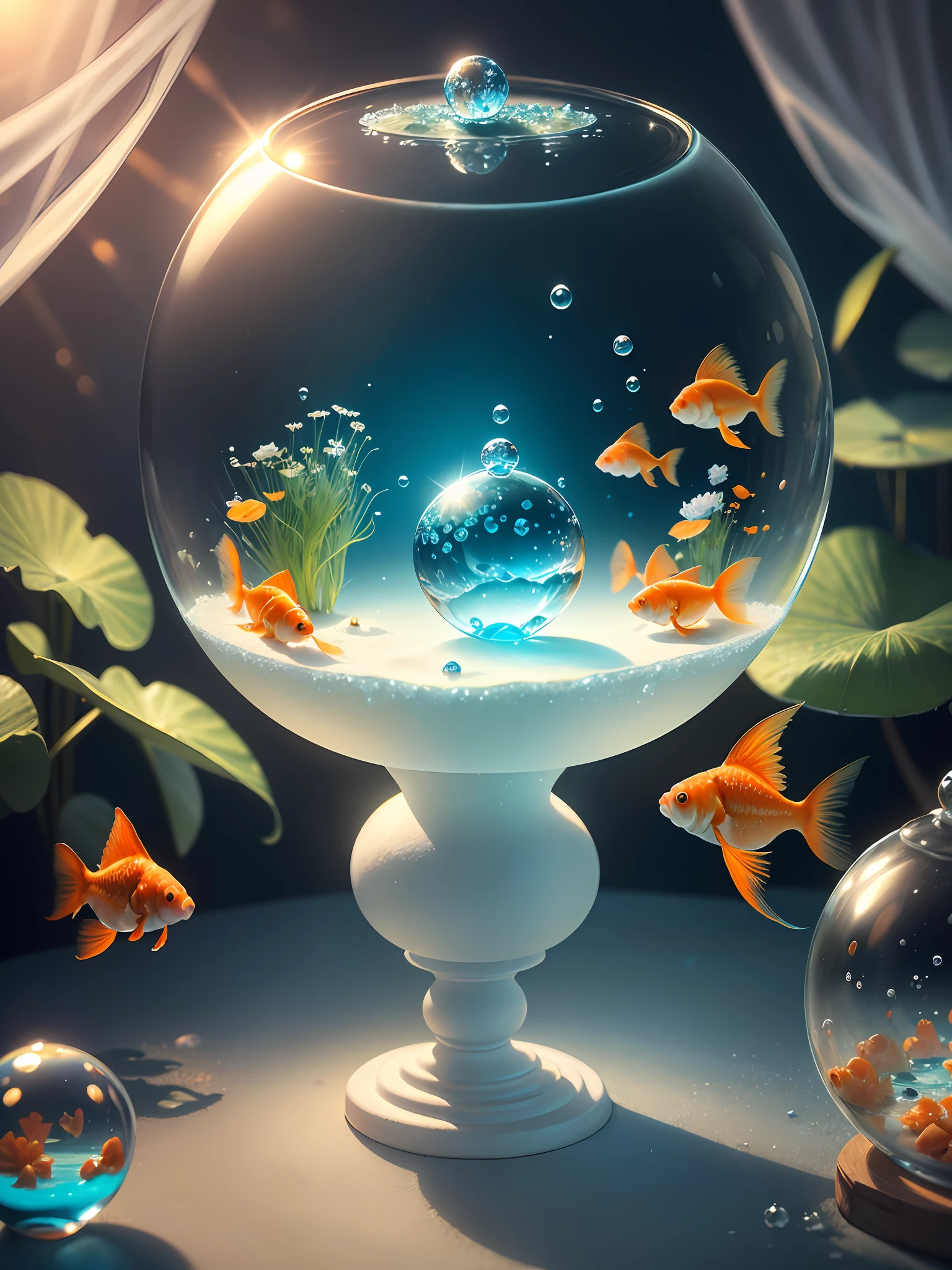 Ultra-realistic, 16K high resolution, (Max Sharp Focus: 1.3), (Max Close-up: 0.5), (Underwater goldfish trapped in a crystal perfect ball with pedestal on table: 1.7), (Water lilies, floating grass, white sand, blue backlight: 1.3)