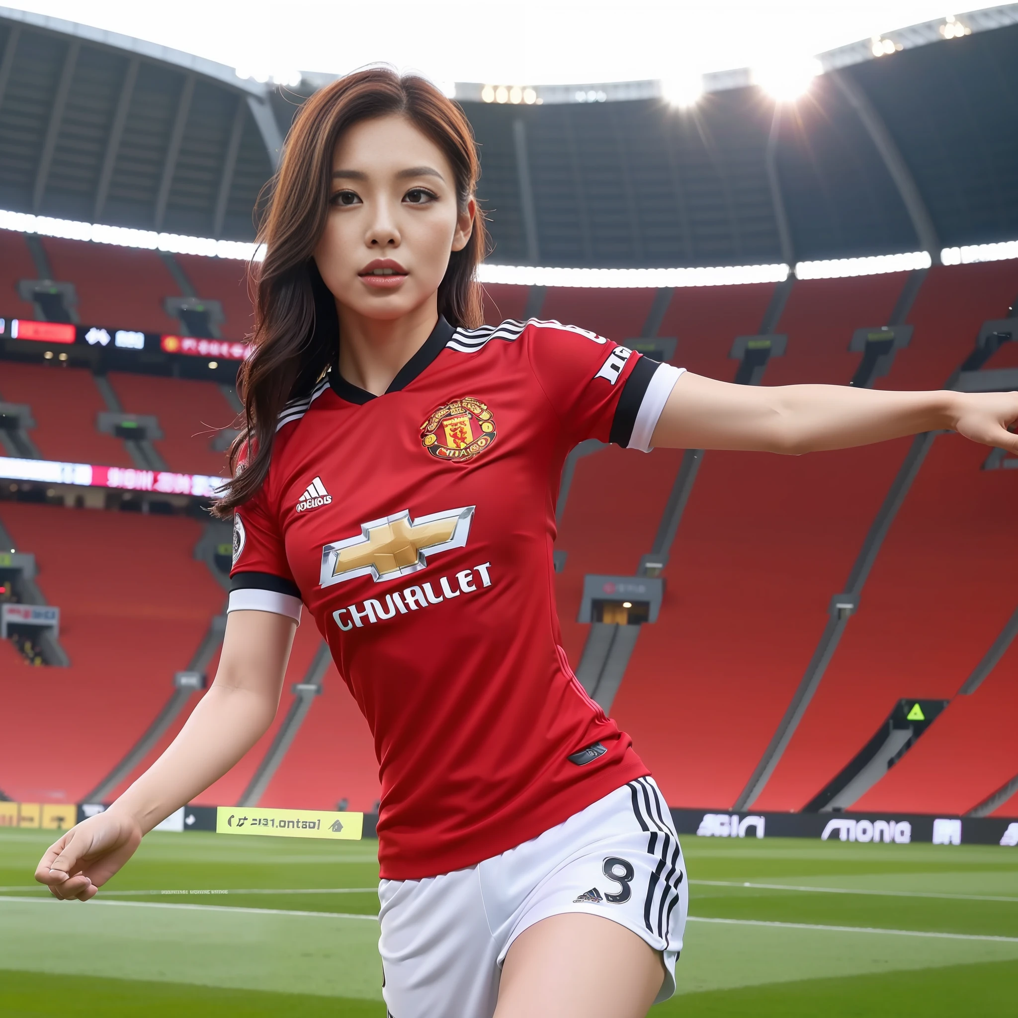 Beautyfull asian girl ever,wearing tight Manchester united home jersey ((2023 2024 season)),big boobs, random posing,empty stadium at background, highly detailed,high resolution,
