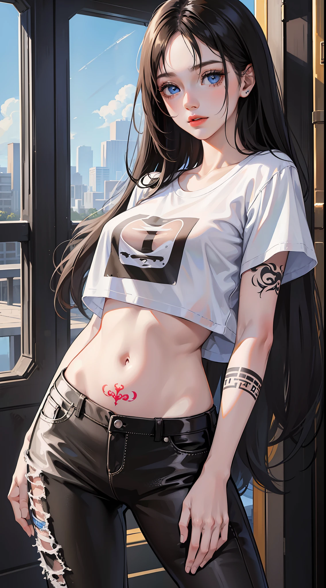 Young girl, long black hair, blue eyes, tattoo on face, white T-shirt, pants, masterpiece, high quality