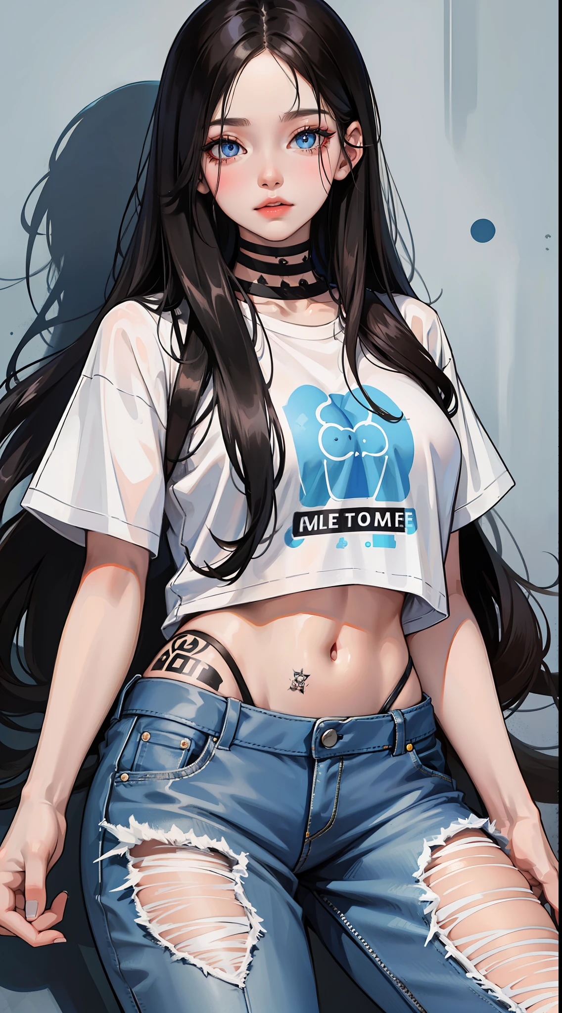 Young girl, long black hair, blue eyes, tattoo on face, white T-shirt, pants, masterpiece, high quality