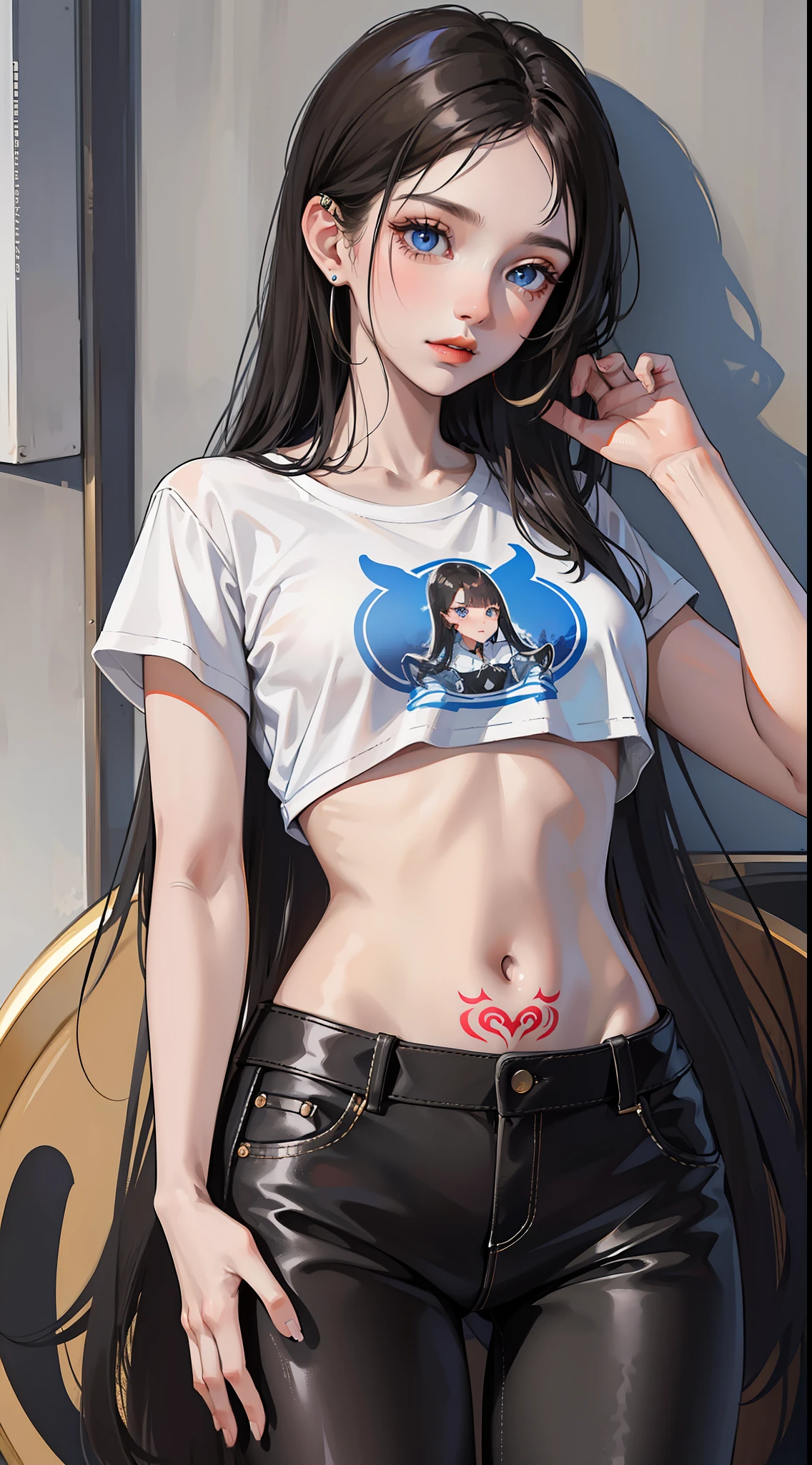 Young girl, long black hair, blue eyes, tattoo on face, white T-shirt, pants, masterpiece, high quality