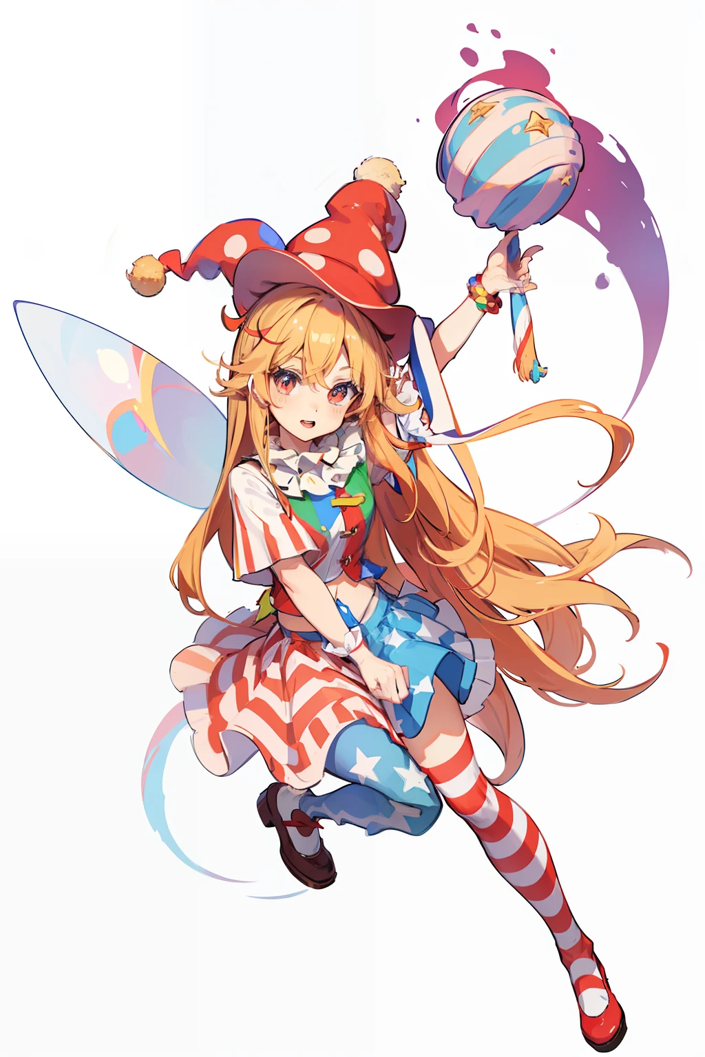 Clown hat, leprechaun, blue star skirt, red and white stripes, blonde hair, rose red eyes