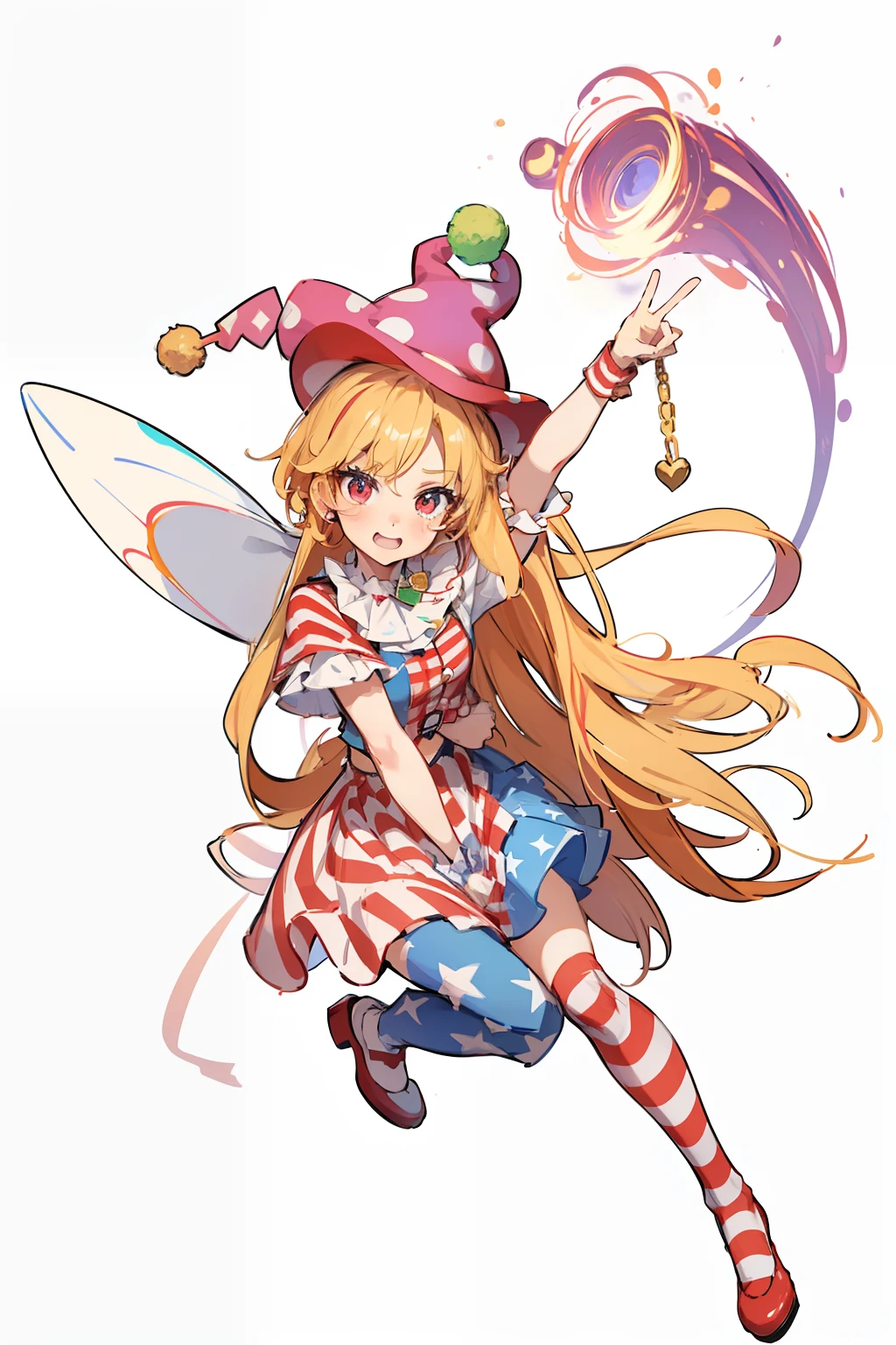 Clown hat, leprechaun, blue star skirt, red and white stripes, blonde hair, rose red eyes