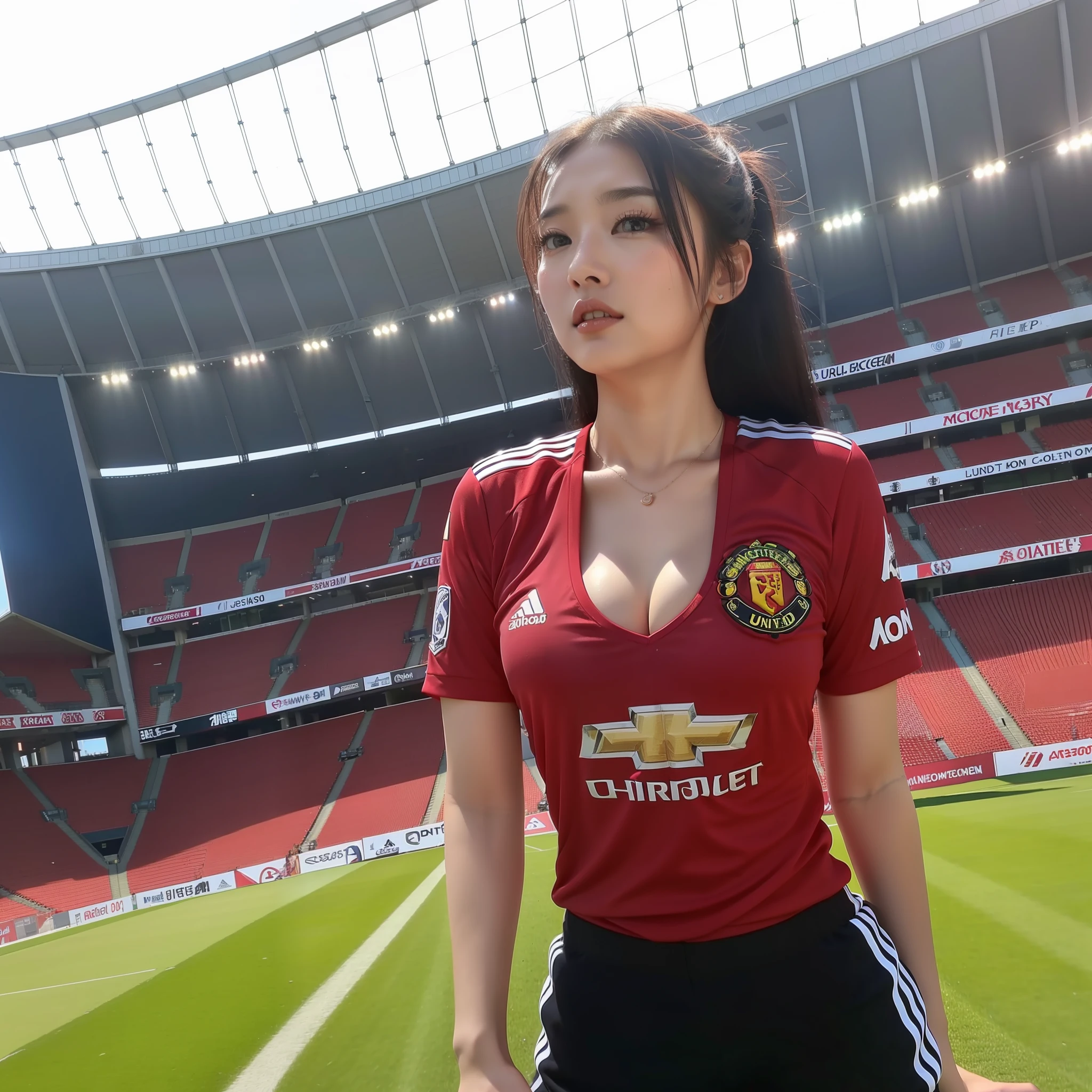 Beautyfull asian girl ever wearing tight Manchester united home jersey ((2023 2024 season)) big boobs,cleavage, random posing,empty stadium at background, highly detailed,high resolution,