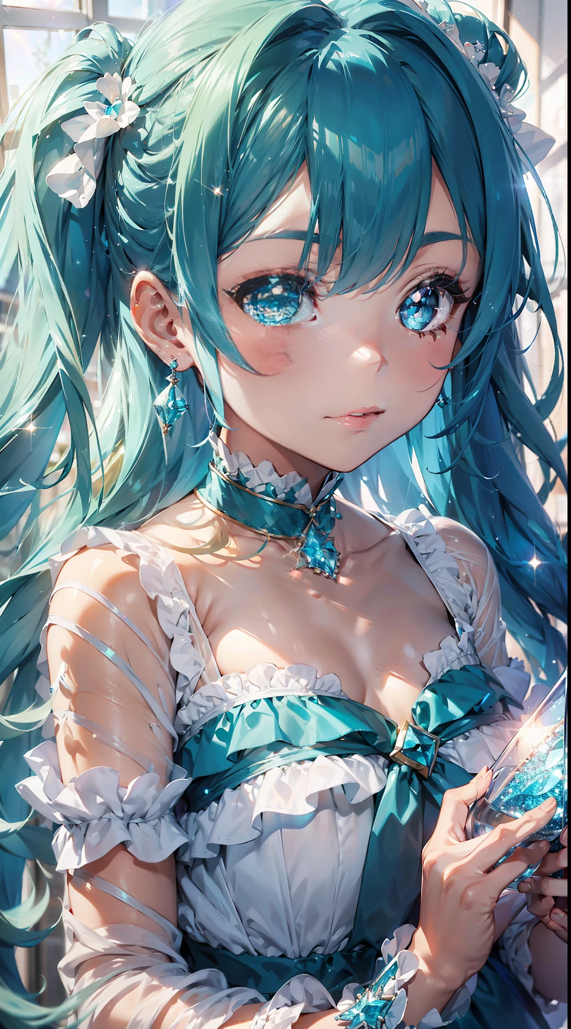Aquamarine Gems
(((Masterpiece))). ((Super detail, top quality, high resolution, movie lighting, glitter, lens flare, light particles, glowing tones,))
Upper body (one shoujo )light smile
(long hair, long twintails, aqua hair,), wearing a light blue dress, ruffles
Eyeshadow, eyeliner, beautiful eyes
11 year old girl. Light, brilliance, glare, glare, glitter, reflection, prism, transparency. Thin material. (Aquamarine background)
