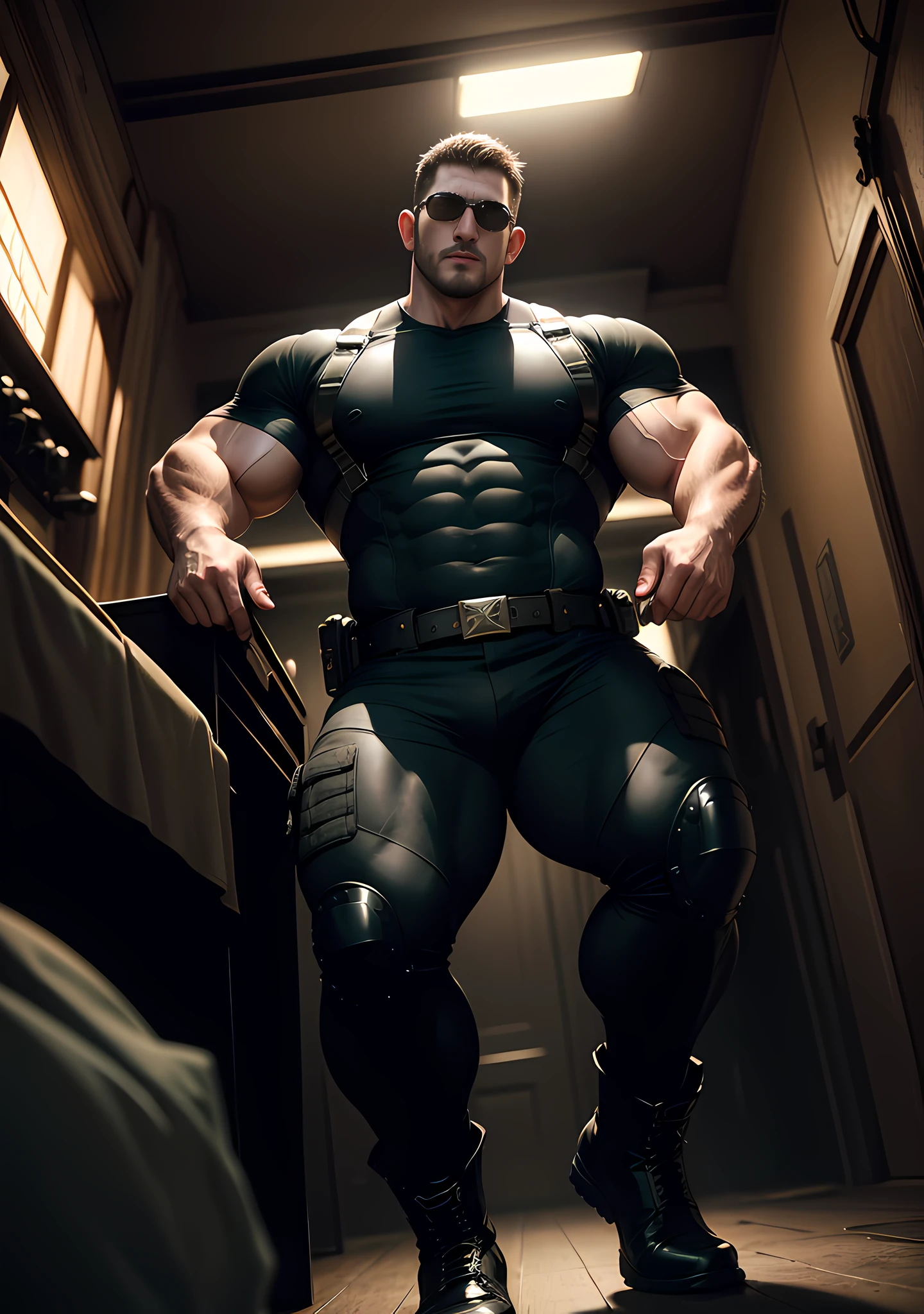 Allard man in black clothes, his arms are long and thick, lying on a large white and soft bed with warm fluff, the background is embraced by giants, muscle hero, Buzz Cut, tall and burly, muscular! Wearing sunglasses, tall and burly, stealth suit, symmetrical floral texture design thick thermal tights, super buff and cool, high resolution committee, character design (Resident Evil - Chris Redfield), rough big feet, black military boots, attractive strong men, warm and soft lights shining on the body