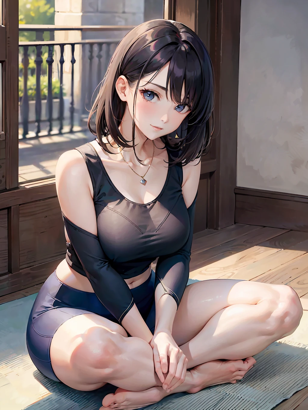 (Masterpiece, Top Quality, Best Quality, Official Art, Beauty and Aesthetics: 1.2), Super Gentle and Cute Mature Woman (1girl), Yoga Clothes, Yoga Classes, Yoga Mats, Double Eyelids, Round Chin, Delicate Collarbone