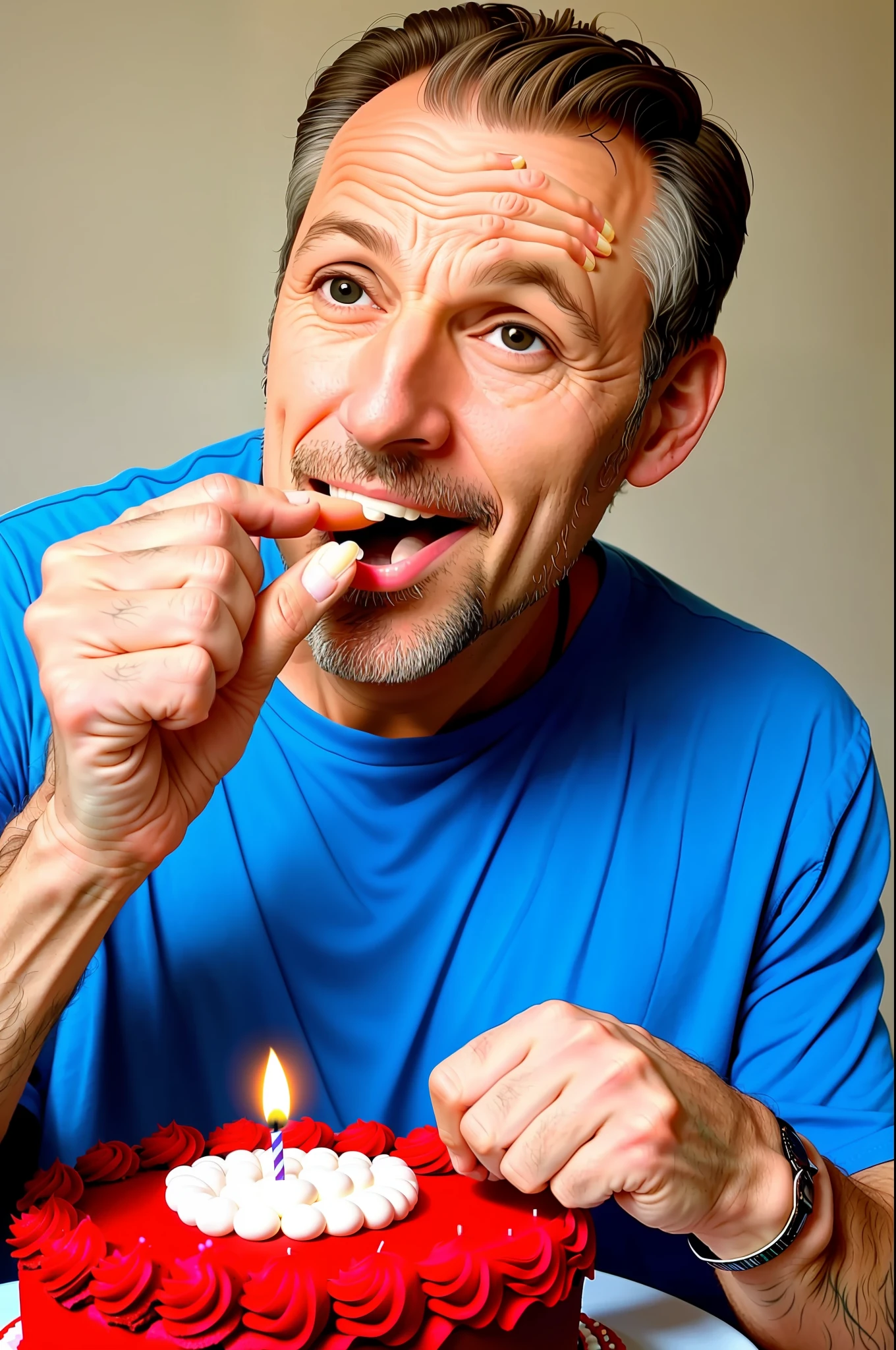 43 year old man, celebrating birthday, licking his finger after sticking it in the cake, best quality, photo realism,