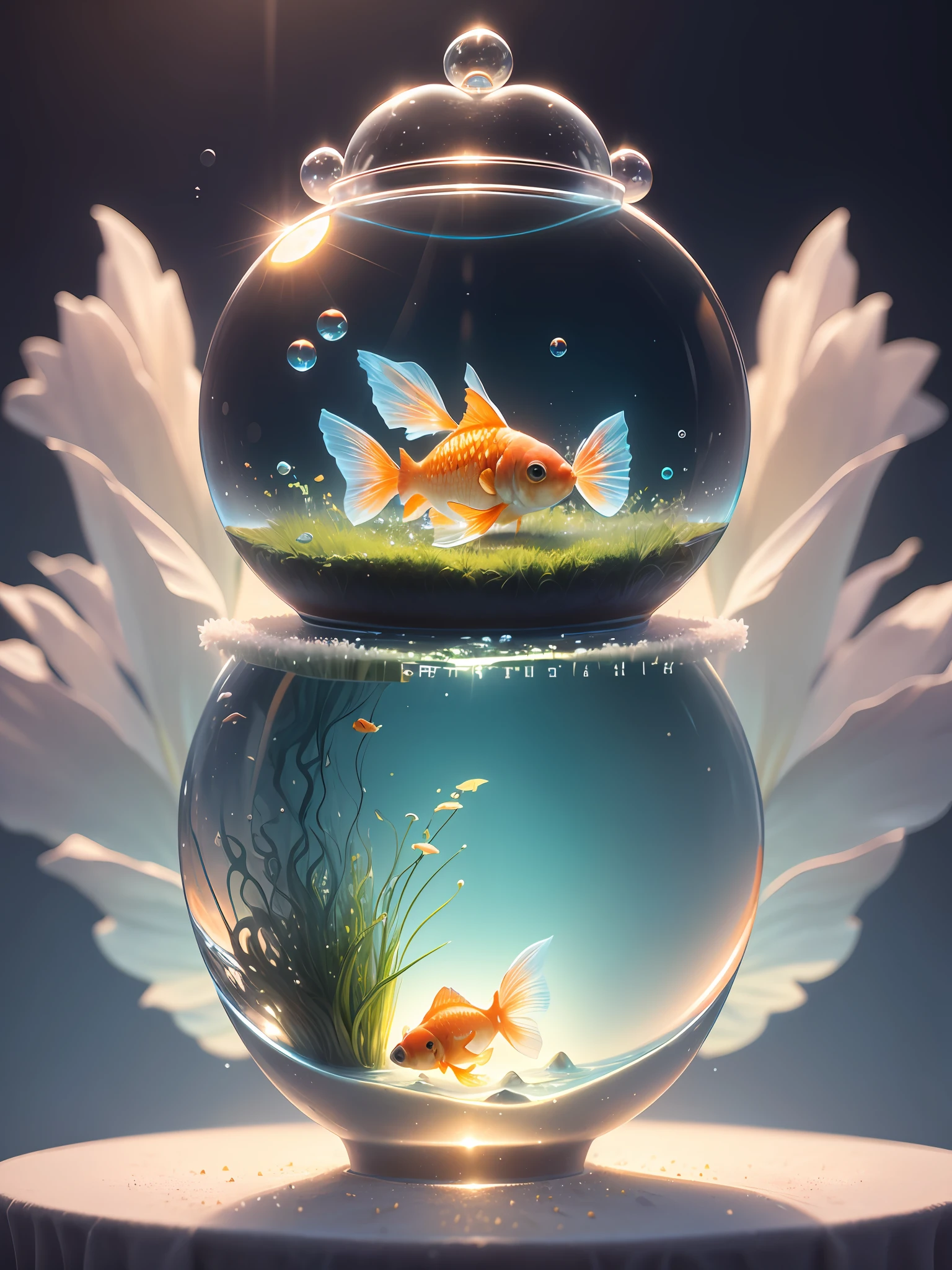 Ultra-realistic, 16K high resolution, (Max Sharp Focus: 1.3), (Max Close-up: 0.5), (Underwater goldfish trapped in a crystal perfect ball with pedestal on table: 1.7), (Water lilies, floating grass, white sand, blue backlight: 1.3)