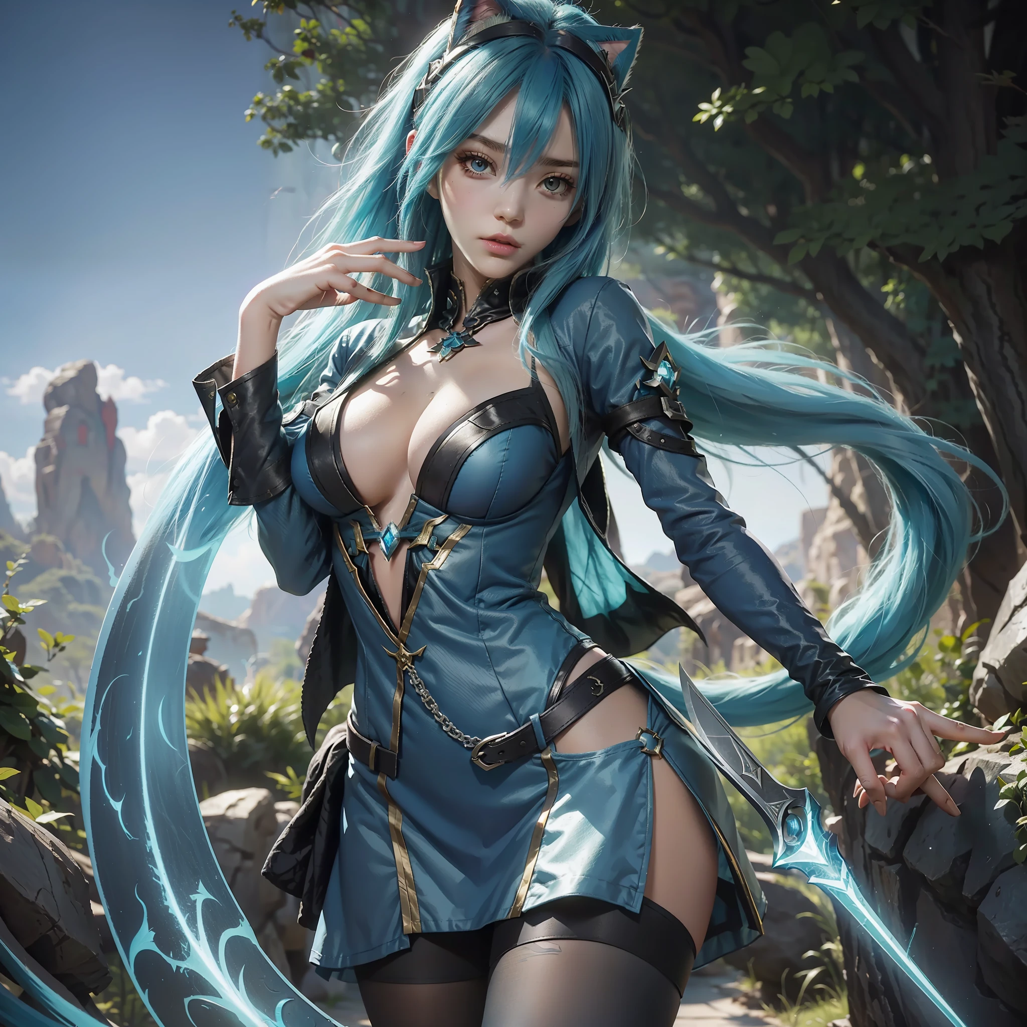 League of Legends,Gwen,blue hair,huge Scissors,(outdoor,Summoner Canyon:1.1)