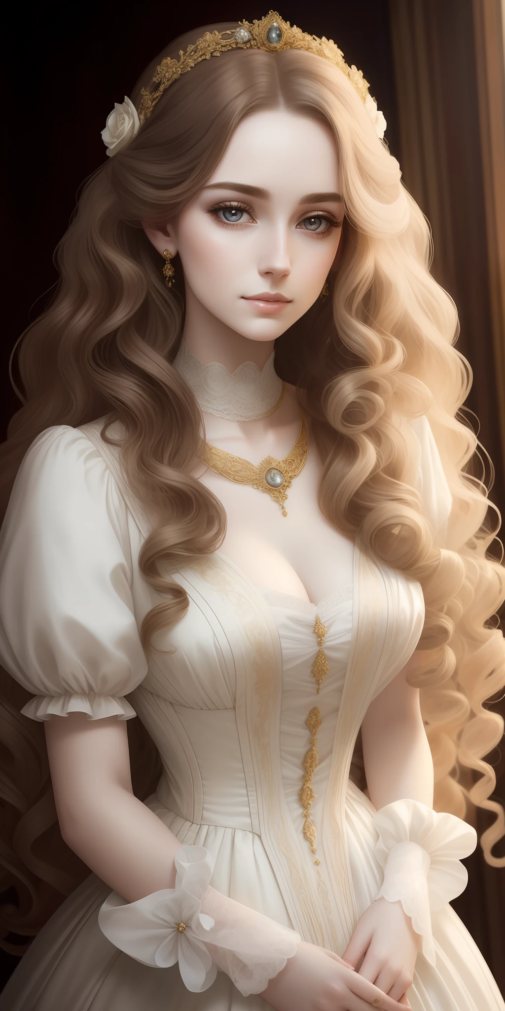 Beautiful Victorian portrait,portrait of A very beautiful woman,the most beautiful with long hair with a white dress and necklace, baroque curls, baroque hair, curly light brown hair,pale skin, pale pale skin, beautiful Kacey Rohl, curly hair, ethereal hair, inspired by Sophie Pemberton, with golden detailed choker, inspired by Irakli Nadar, with pale skin, Ethereal beauty, light brown curly hair