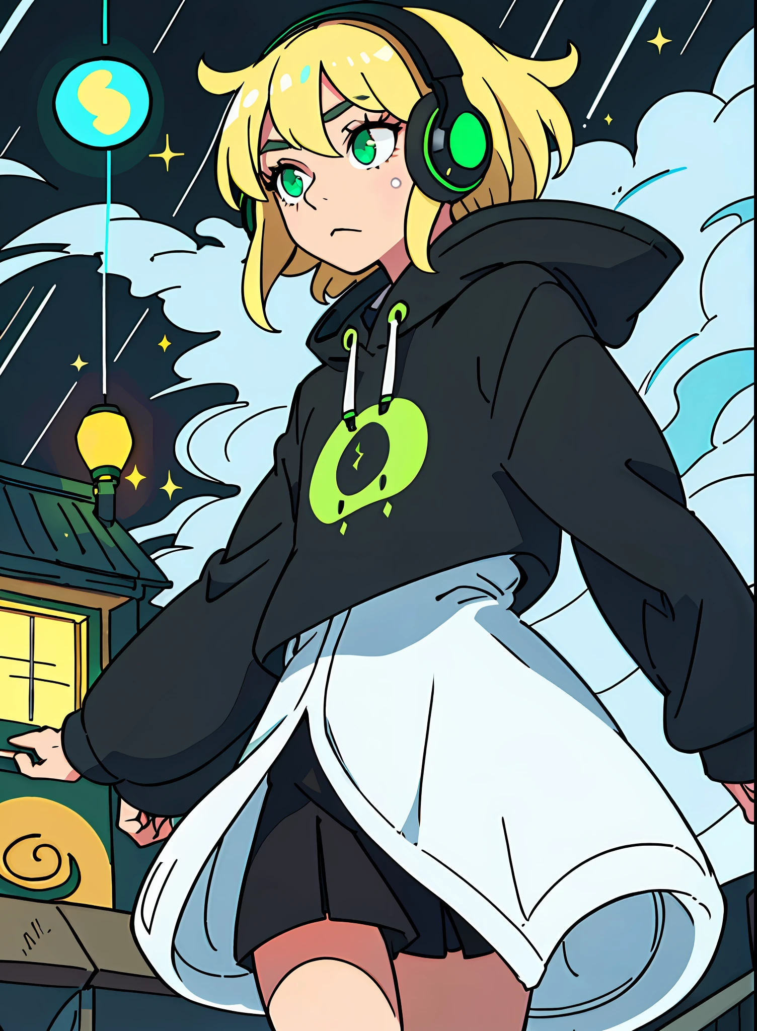 (a masterpiece:1.2),(the best quality:1.2),(a wonderful illustration),blonde girl with green eyes,anime-style,in a black sweatshirt,with anime headphones,color (high saturation),character (front and center),background (simple and hyperrealistic),velvet (sweet and soft),with a quilt (warm and cozy),rainy night (eccentric and sparkling),no rain,but with many puddles of water, 3/4 top,neon (delicate),glow (just around the character),perfect focus and a bit of soft light bokeh.