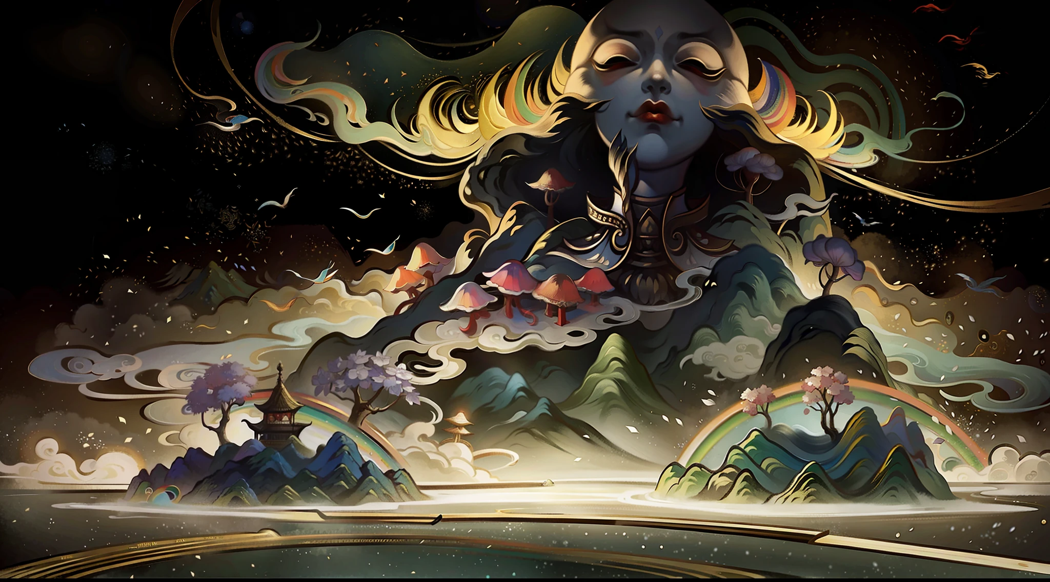 An ancient Chinese painting, ancient Chinese background, mountains, rivers, auspicious clouds, pavilions, sunshine,(psychedelic details),(mushrooms),(rainbow),(trippy),(DMT),(Buddha),intricate details, more details, high details,masterpieces, super detail, epic composition, ultra HD, high quality, extremely detailed, official art, unified 8k wallpaper, Super detail, 32k -- v 6