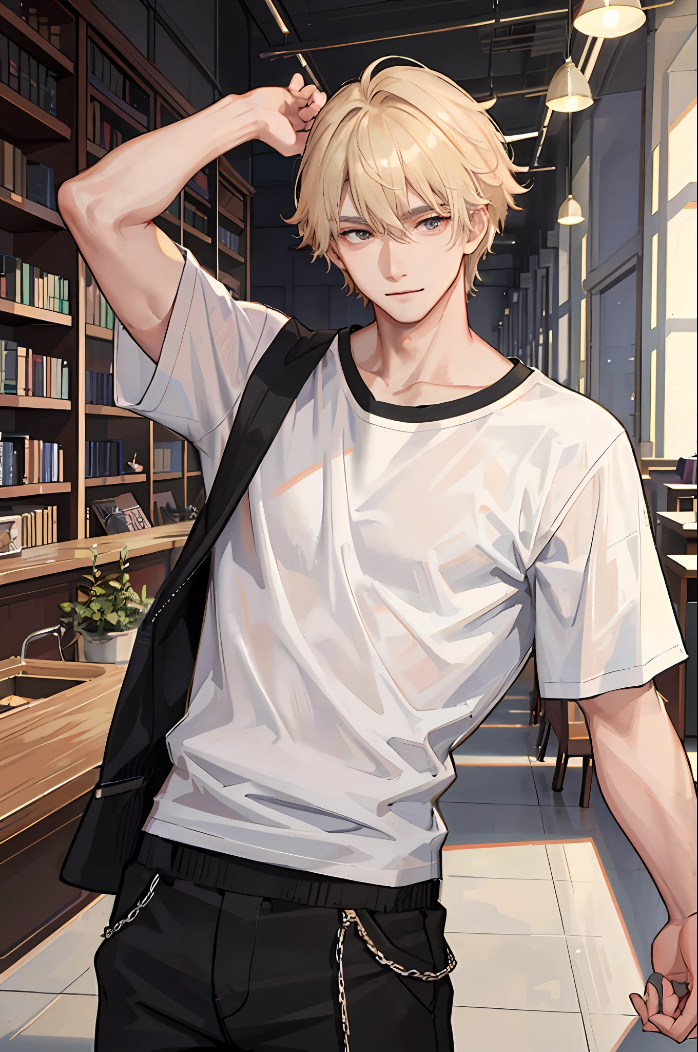 1boy, [detailed background (campus, college, library)], blond hair, blond hair, short blond hair, korean hairstyle, lean and muscular male, alpha male, masculine male, ((man wears a white loose t-shirt, tucked in t-shirt, black trousers)), correct limbs, correct anatomy, handsome, Eye details, beautiful eyes, delicate eyes, dark red eyes, broad chest, broad shoulders, tiny waist, long legs, smirking