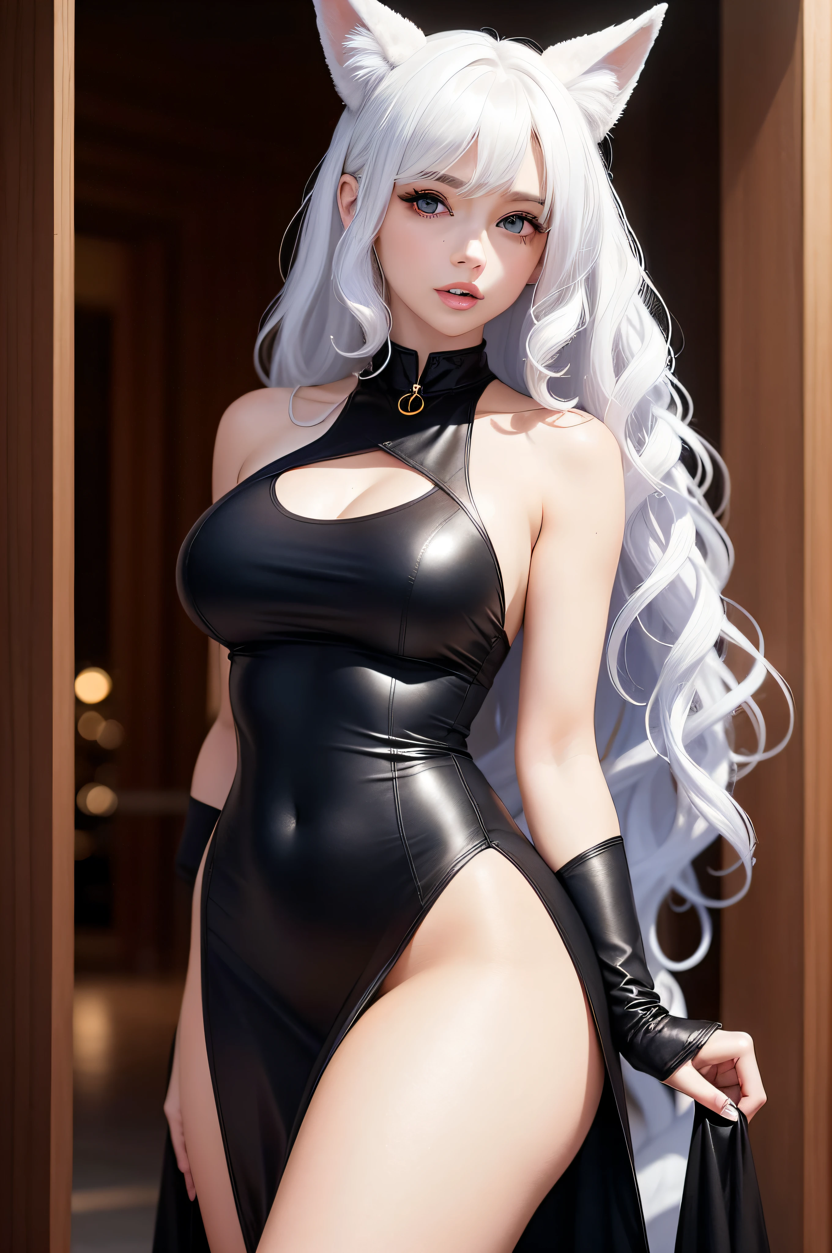 Woman with ,golden curly hair,Blue eyes,white fox ears,,black tight dress