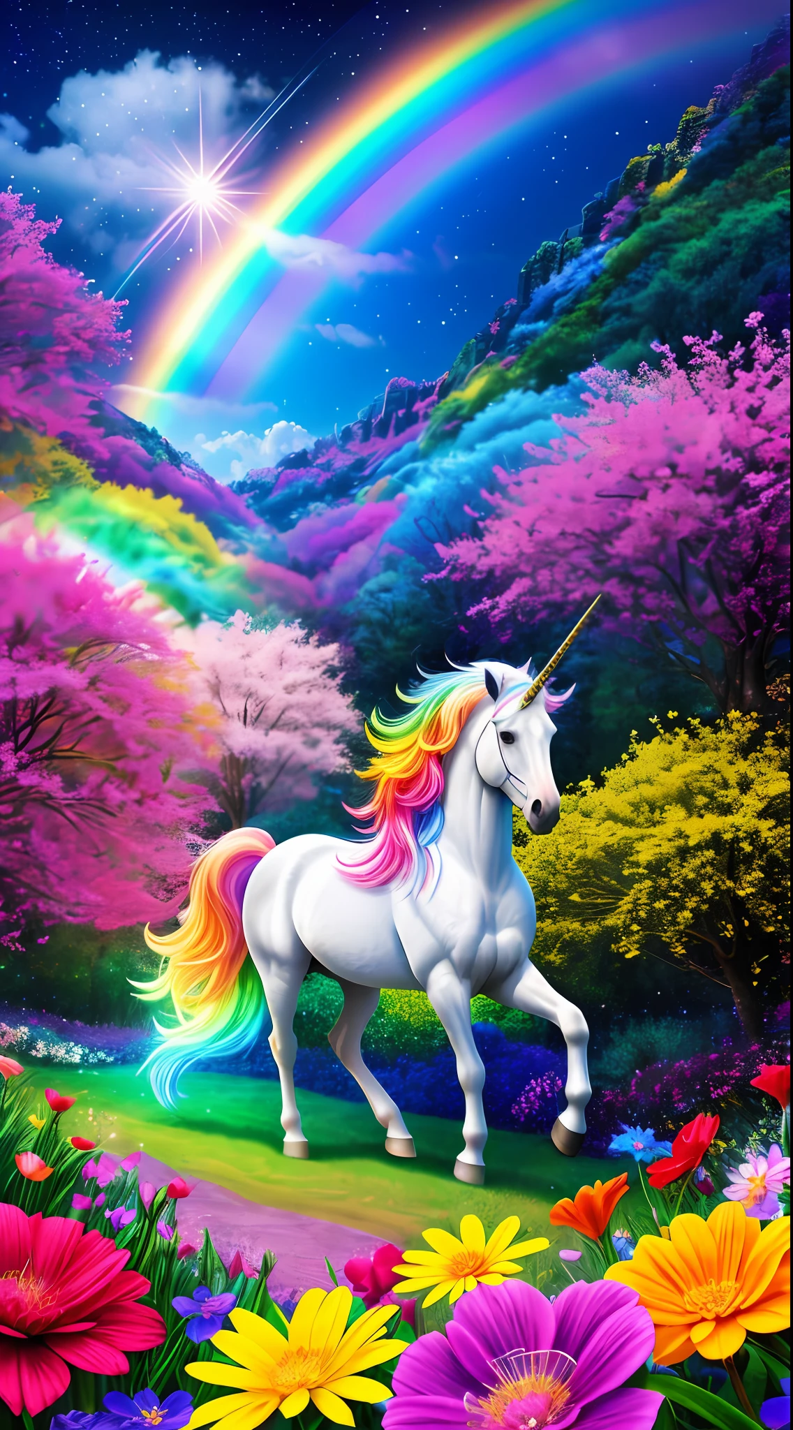 extremely detailed wallpaper, magical world full of full-body unicorns, rainbows and stars, dynamic pose, spring, morning, light beams, flowers, The illustration is colorful and vibrant, with charming details in each element. The unicorns are depicted with cartoon, colorful manes and friendly expressions, while the rainbows are bright and full of vivid tones. The twinkling stars add a touch of magic to the scenery(intricate details:1.12), hdr, (intricate details, hyperdetailed:1.15), (cinematic look:1.4), soft tones, insane details, intricate details, hyperdetailed, low contrast, soft cinematic light, exposure mix, hdr, faded, colorful atmosphere for children,