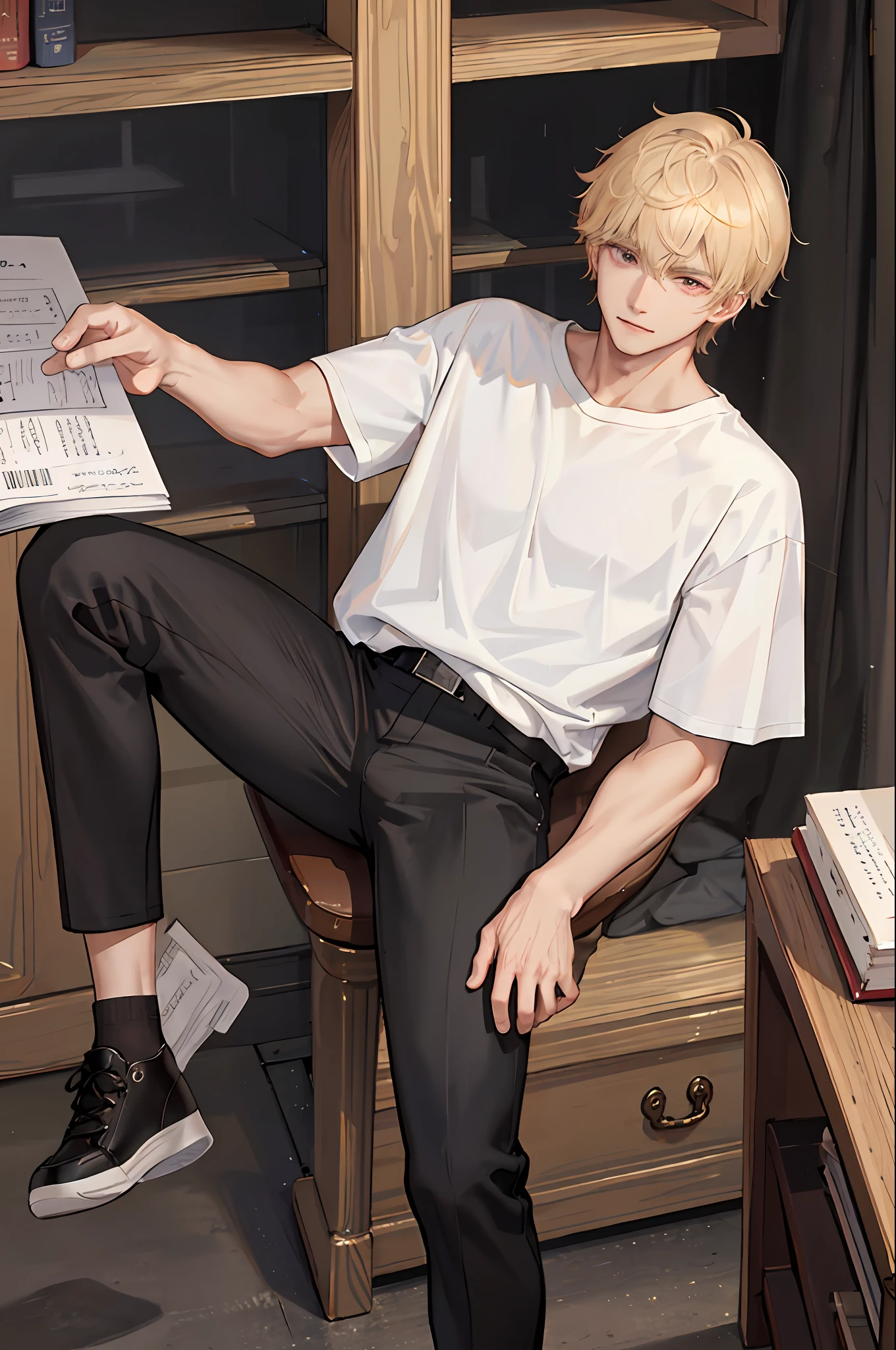 1boy, [detailed background (campus, college, library)], blond hair, blond hair, short blond hair, korean hairstyle, lean and muscular male, alpha male, masculine male, ((man wears a white loose t-shirt, tucked in t-shirt, black trousers)), correct limbs, correct anatomy, handsome, Eye details, beautiful eyes, delicate eyes, dark red eyes, broad chest, broad shoulders, tiny waist, long legs, smirking