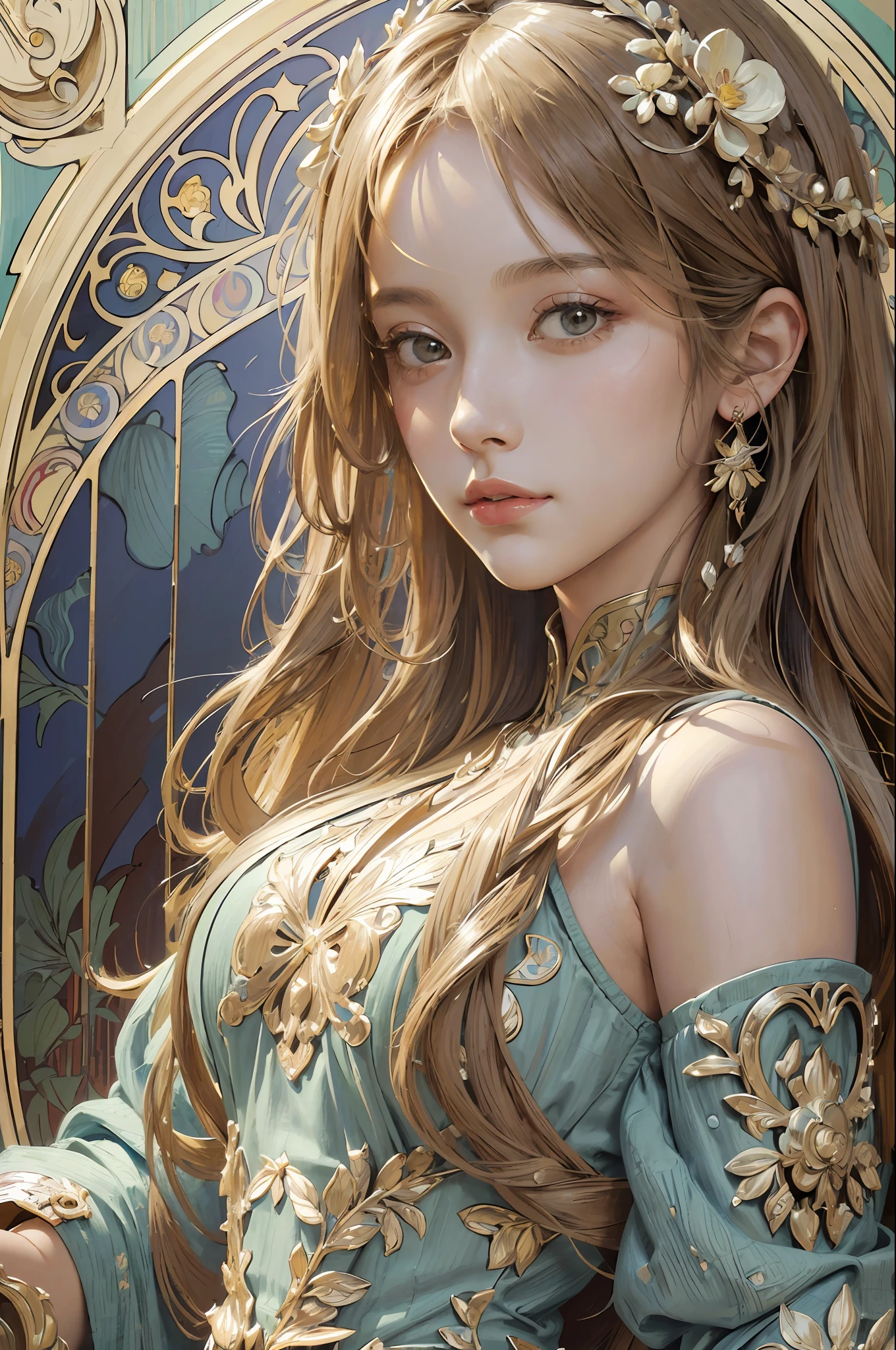 European women's face portrait, long curly hair, blonde, floral frame, decorative panel, abstract
Art by Alphonse Mucha, sketch, character lines and scenes without colors and shadows.
(Masterpiece, Best Quality, Highres:1.4), Detailed, Intricate Details, 4K, color splashes, line art, fibonacci,
