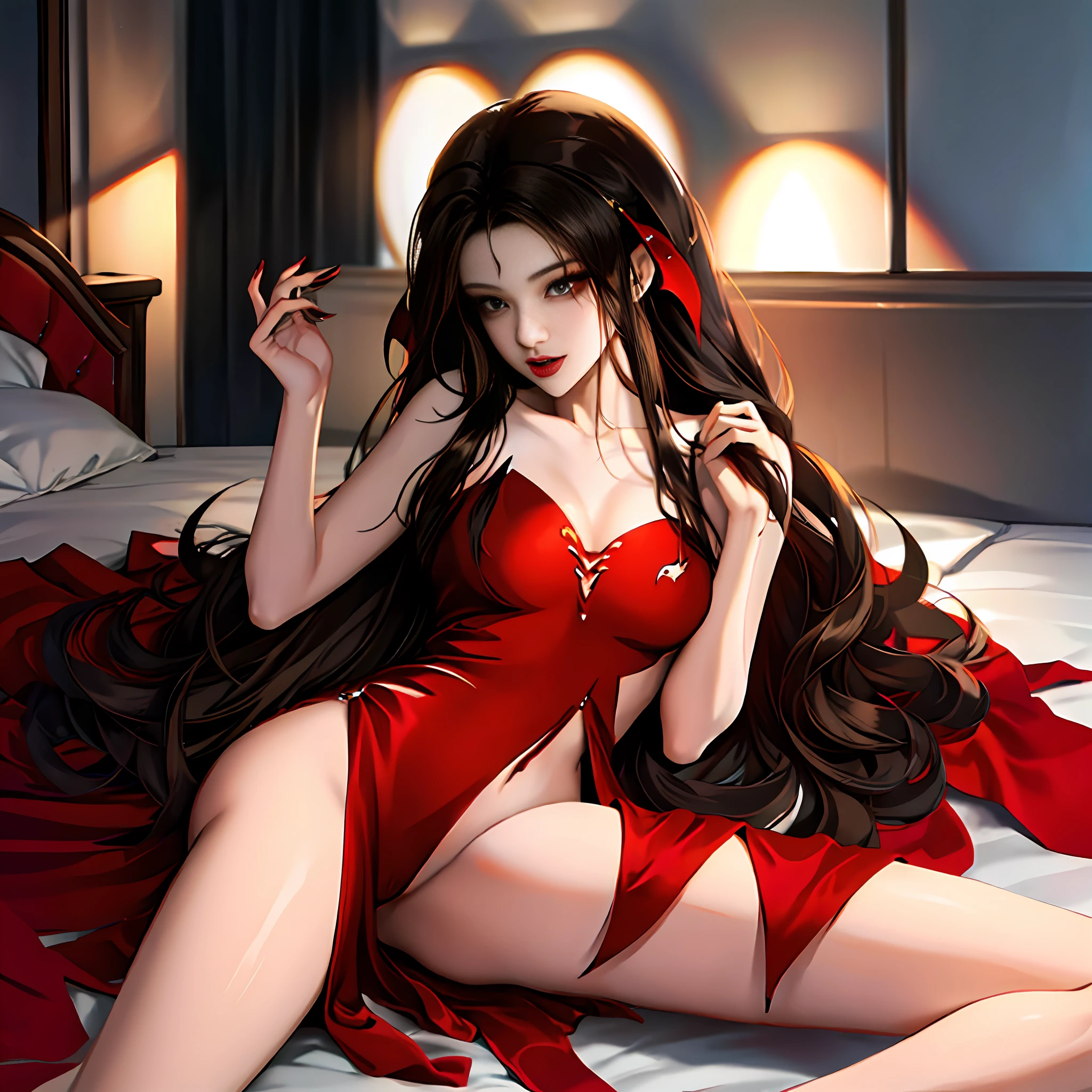 Sexy vampire girl, legs wide open, arm between the legs, laying on the bed, dark hair, seducing