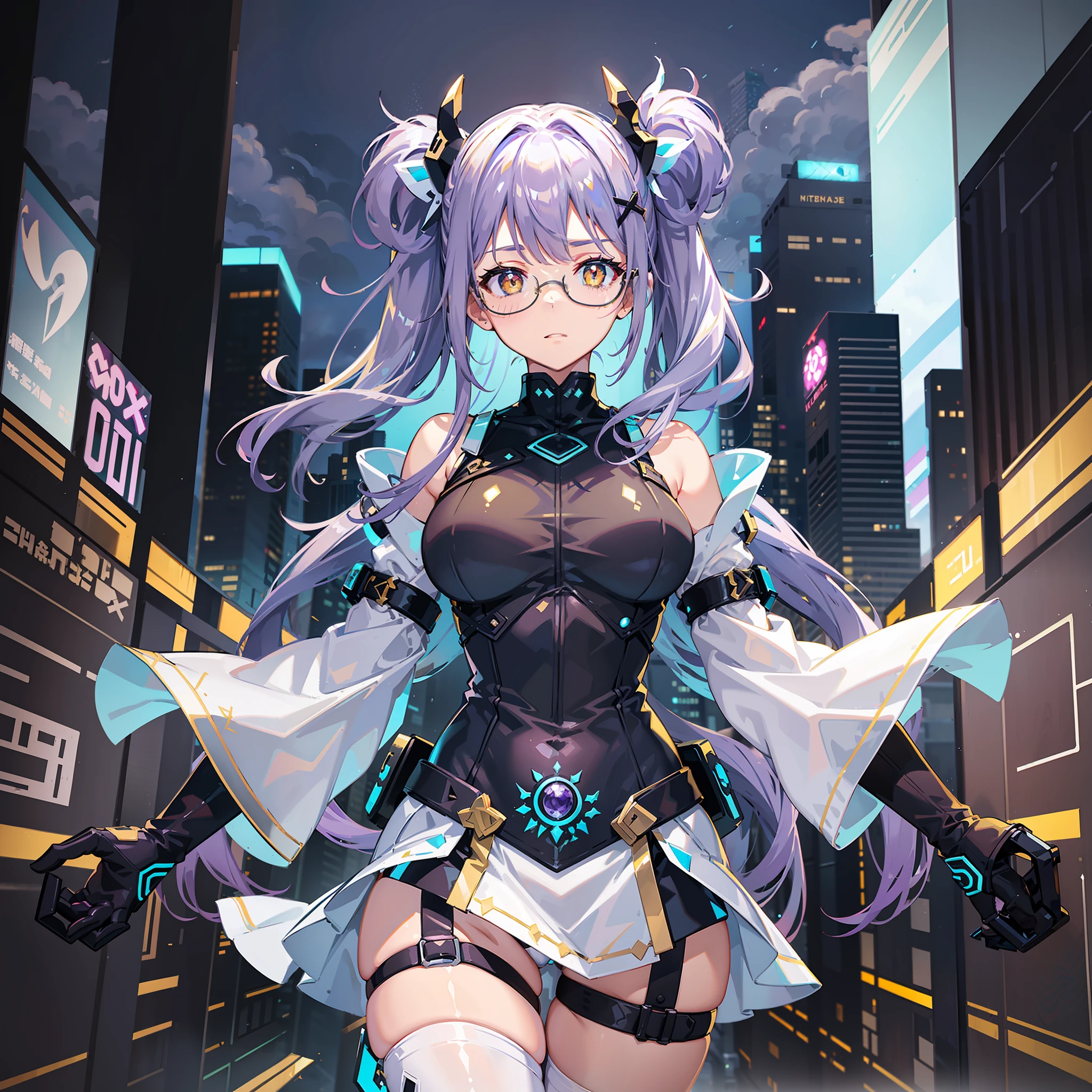 single girl,alone,19 years old,well_developed curves,curvaceous_body,hourglass_figure,perspective,beautiful_face,high_quality_outfits,futuristic_outfits,silght_blush,full_body,sexy,full detail face;
(Violet hair:1.4),indigo hair tips,violet (helix-shaped twintails:1.25),two fin-shaped white hairclips;(golden eyes:1.5),(x-shaped white hilted pupils),golden holographic one-piece eyeglasses on eyes;
Futuristic battlesuit,fitting body curves,white armored shoulder pads,white armored sleek armguards with violet decorations,black gloves,white tanktop around breasts,black armored corset,aqua zipper,white waistband with four gadget holsters,an aqua stripe framing breast,white trimmed armor short skirts with aqua decorations,white tassetswhite shorts with aqua edge,white pantyhose,white body stockings,one aqua gartener belt around left thigh,aqua waistband with gadget holsters;silver mechanic boots,heeled boots;
White mechanic backpack on back;
Rainy weather,night,stormy sky in background,rainy weather,floating in air,overlooking city from midair,calm expression,vigilat gaze,stretching hands