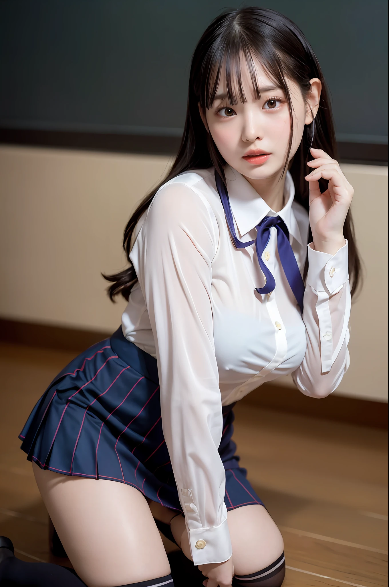 ((((Button Up High School Uniform: 1.3), JK ribbon around the neck, super short skirt, knee socks, upper shoes))), high school students, (Butt focus, zoom camera in the crotch, buttocks facing the viewer, buttocks: 1.2, on all fours, angle from behind, from a very intimate distance: 1.2)))), ((kneeling, sexual arousal: 1.5, raised buttocks)), (buttocks thrust up), blusher, Frightened expression, scared, crying, looking down, NSFW, 8k, RAW photo: 1.2, (Best quality: 1.4, Masterpiece: 1.4), Best Illustration, Ultra High Resolution, Portrait, Film grain, 1girl, Depth of field, Photorealistic: 1.4, Ultra detail, Portrait: 0.6, Light particles, Lens flare, Luminous particles: 0.6, Bokeh: 1.2, Professional Lighting, Photon Mapping, Radiosity, Physically Based Rendering, Incredibly Absurd, Glossy Skin, Pale Skin: 1.2, POV, PureErosFace_v1: 0.7, Detailed Hair, Realistic Hair, Realistic Lighting, Realistic Shadows, Realistic Clothes, Realistic Skin, Natural Skin Texture, Cute: 1.5, Fair Skin: 1.1, Round Face: 1.5, Puffy eyes, purple eyes, sagging eyes, double eyelids, (egyosar: 1), floating hair, makeup, (very dark lip gloss, so many eyelashes, eye shadow, makeup), Japan girls, camel toes, sensual, high school, classroom