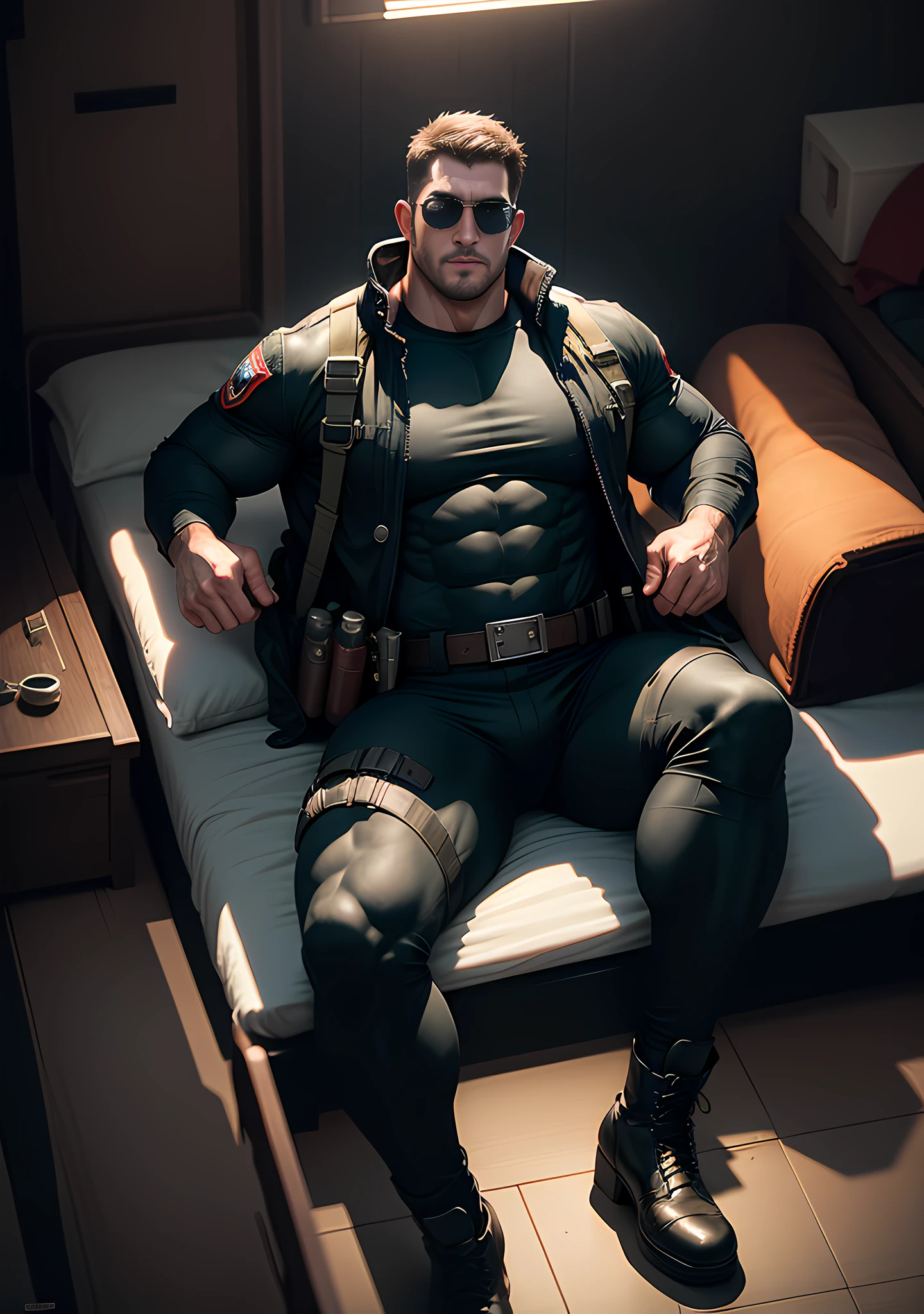 A firefighter in a dark suit, his arms are long and thick, wearing black sunglasses and a mask, lying on a large white and soft bed with warm fluff, the background is the arms of giants, muscle heroes, Buzz Cut, tall and burly, muscular! Tall burly, sneak suit, symmetrical floral texture design thick thermal tights, super buff and cool, high resolution committee, character design (Resident Evil - Chris Redfield), rough big feet, black military boots, attractive strong men, warm and soft lights shining on the body