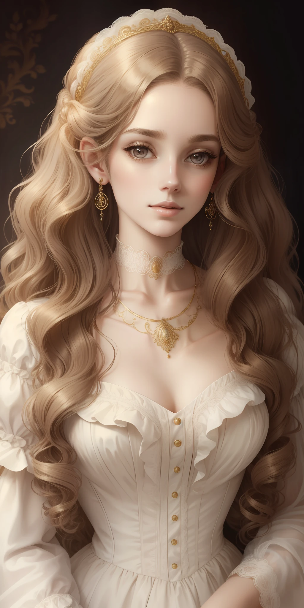 Beautiful Victorian portrait,portrait of A woman with long hair in a white dress and necklace, baroque curls, baroque hair, curly light brown hair,pale skin, pale pale skin, beautiful Kacey Rohl, curly hair, ethereal hair, inspired by Sophie Pemberton, with golden detailed choker, inspired by Irakli Nadar, with pale skin, ethereal beauty, light brown curly hair