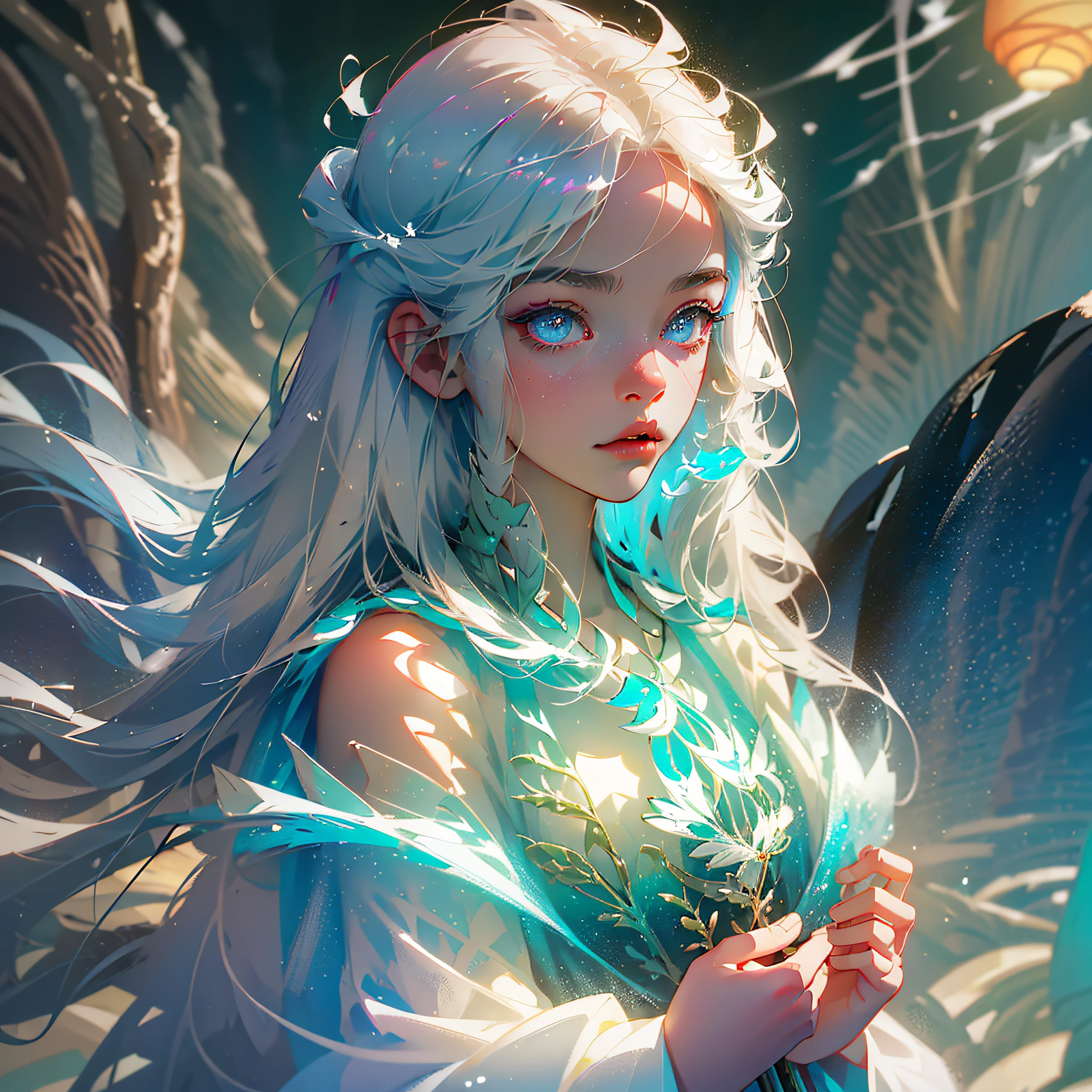 In a snowy warm winter, the rays of the sun gathered on the body of an 18-year-old beautiful girl, the girl's hair was silver-white, her eyes were as clear as emeralds, the blue and white robe covered the girl's figure, adding a bit of mystery to the girl's beautiful figure, snowflakes fell on her silver-white long hair, the girl's flushed face was extremely warm, highlighting a breath of fresh breath to the surrounding air, girl, breasts, moon, lantern, night, solo, room, hair ornament, wet, hanfu, chinese hanfu, wading, water, hair flower, flower, outdoor, sky, full moon, rain, white hair, blue eyes, not shoulders, mountain, cloud, holding, belt, bare shoulders, paper lantern, standing, red hanfu, night sky, side chest, belt, wet clothes, bangs, tree, from side, reflection, short hair, cloudy sky, wet hair (((masterpiece), (very detailed CG Unity 8k wallpaper), best quality, solo, 1girl, movie lighting, detailed background, beautiful detailed eyes, bright pupils, (very delicate and beautiful), (beautiful and detailed eye description), ultra-detailed, masterpiece,)), chinoiserie, --auto --s2