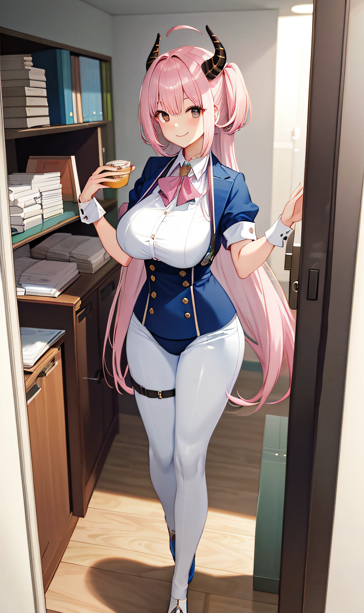 ((Masterpiece, Best Quality)), (1 person), (()), Pale Pink Hair, Hello, Horn, (OL)), Bangs, Medium, (Breast Augmentation), Slim, Smile, [Wide Hips], Office, Standing, There \ (Blue Archive)
